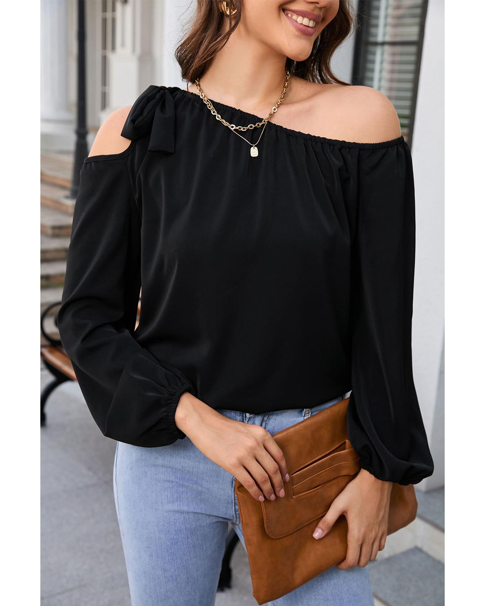 V539-AZEXDC25121659-2-S-202508260315-00 Azura Exchange Asymmetric Off Shoulder Blouse - S - Image 1