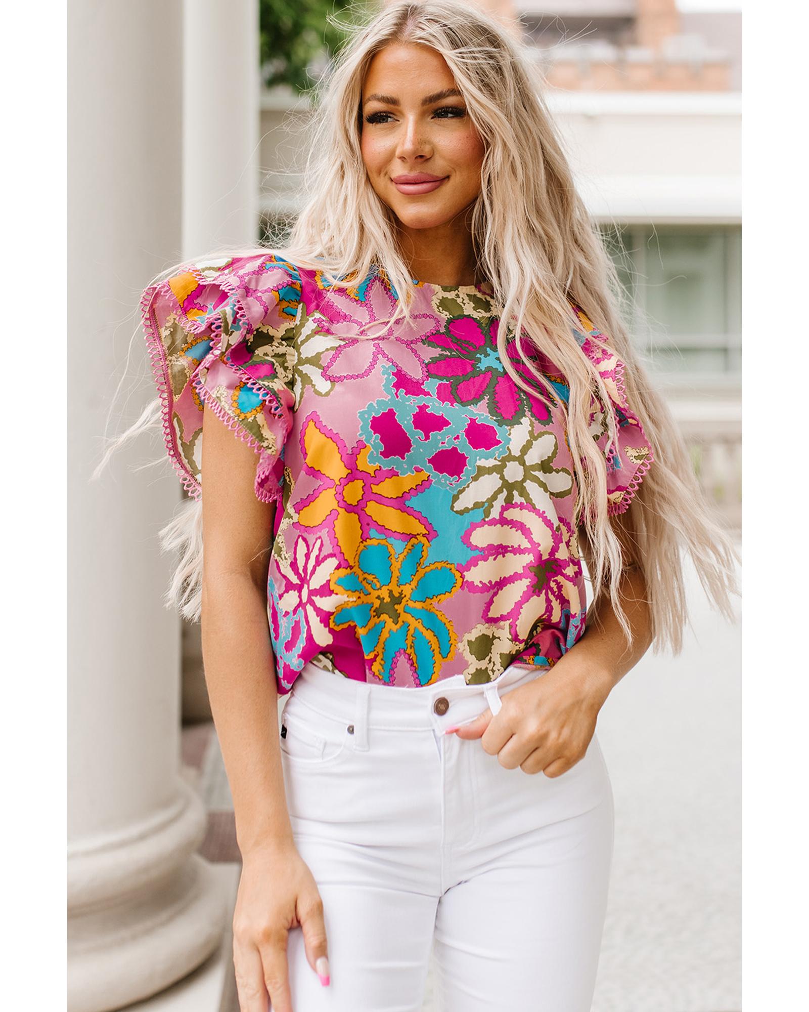 V539-AZEXDC25121673-22-XL-202508290440-00 Azura Exchange Vibrant Floral Print Ruffle Sleeve Blouse - XL - Image 1
