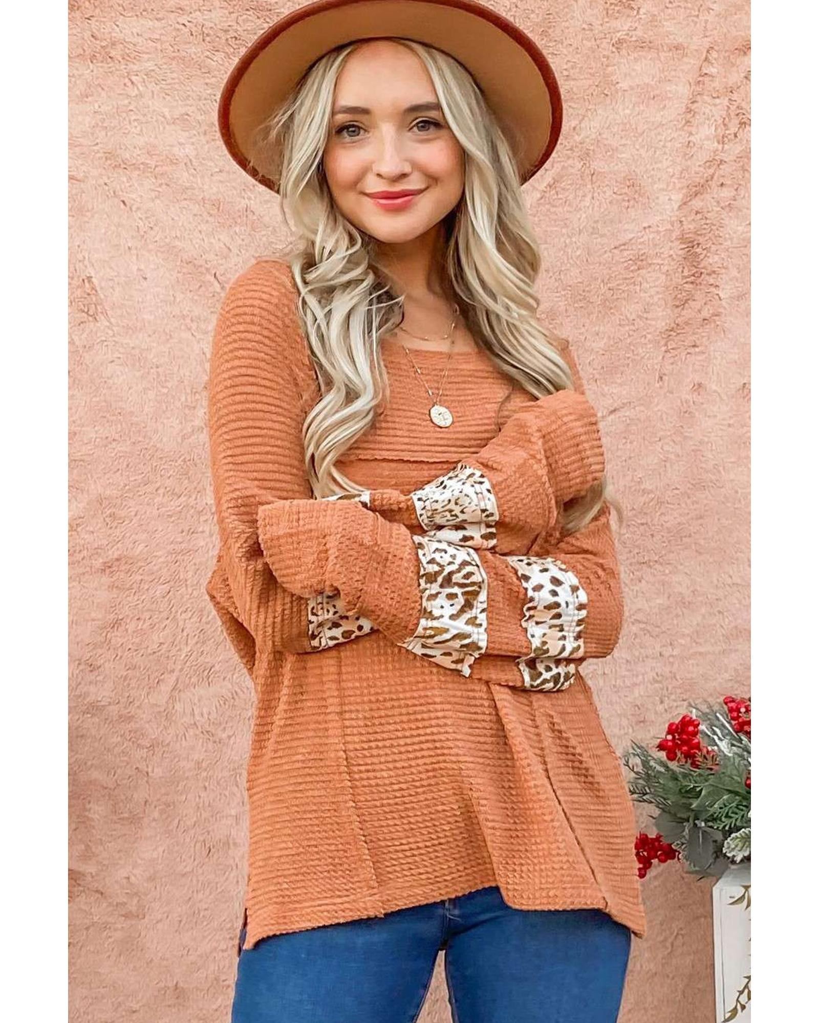 V539-AZEXDC25121966-18-M-202508272130-00 Apricot Leopard Splicing Exposed Seam Waffle Knit Top - M - Image 1