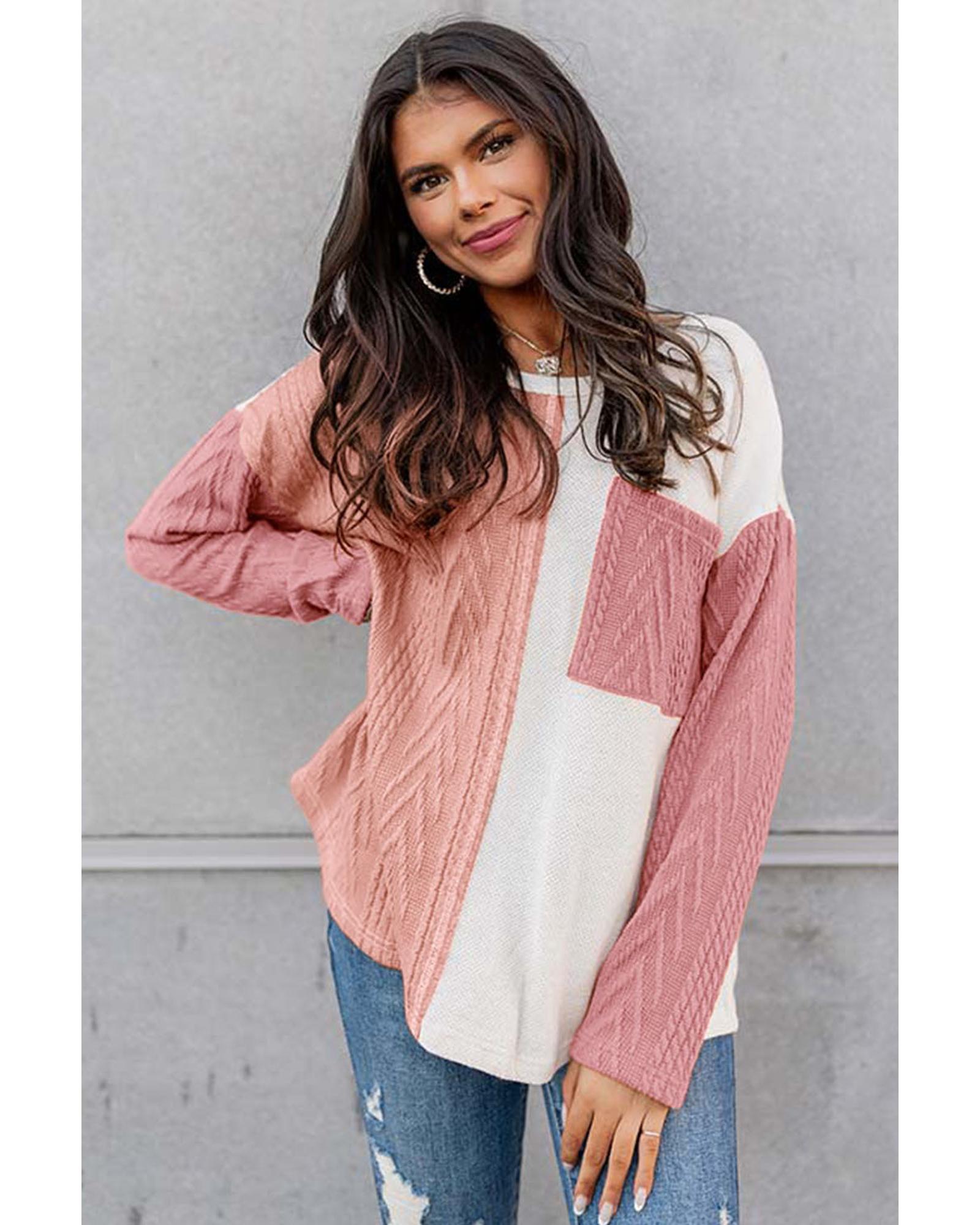 V539-AZEXDC25122003-P4010-S-202506112331-00 Peach Blossom Long Sleeve Colorblock Chest Pocket Textured Knit Top - S - Image 1