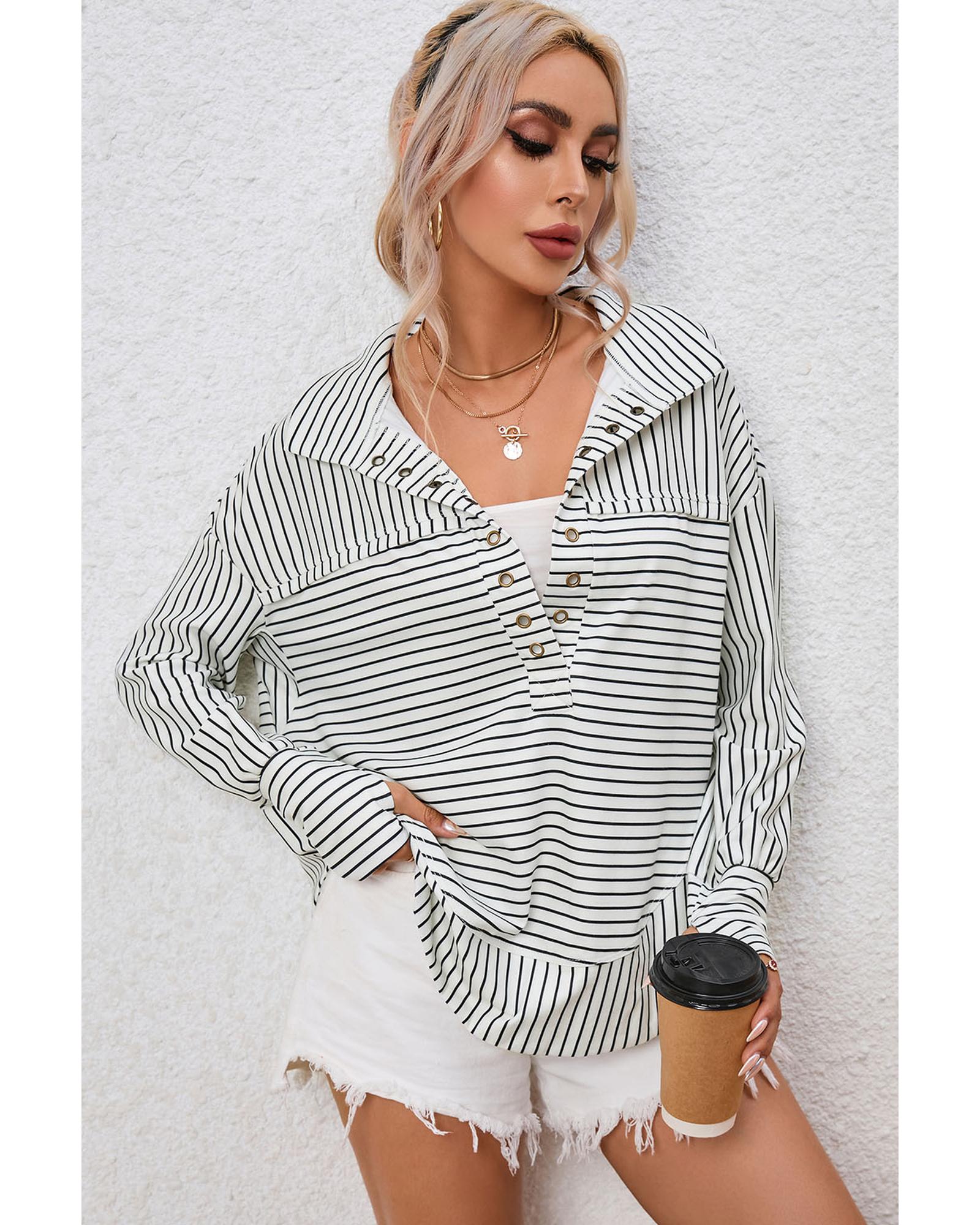 V539-AZEXDC25122017-1-L-202508291155-00 Azura Exchange Striped Thumbhole Drop Shoulder V Neck Top - L - Image 1
