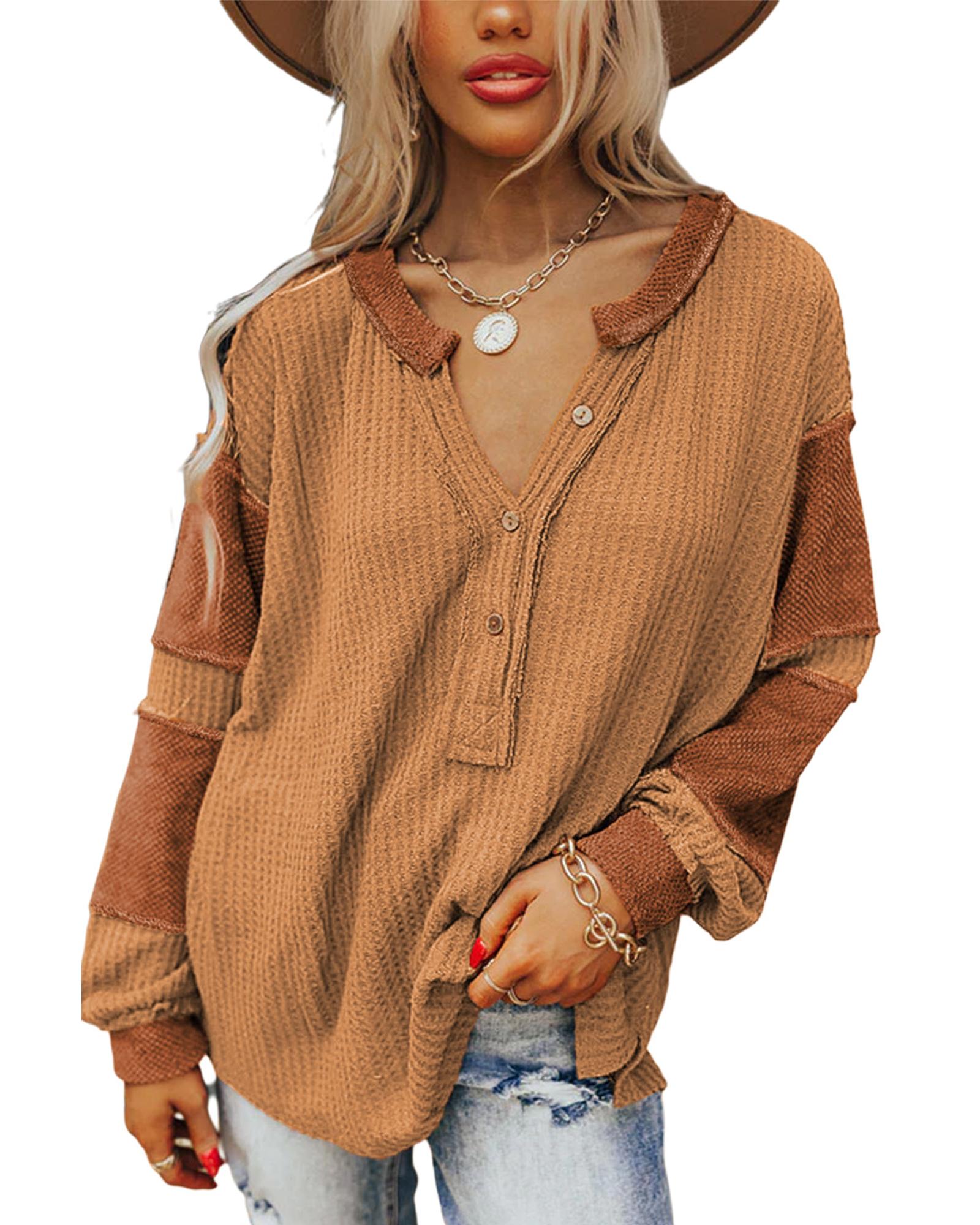 V539-AZEXDC25122090-14-S-202508291150-00 Azura Exchange Contrast Patched Waffle Knit Henley Top - S - Image 1