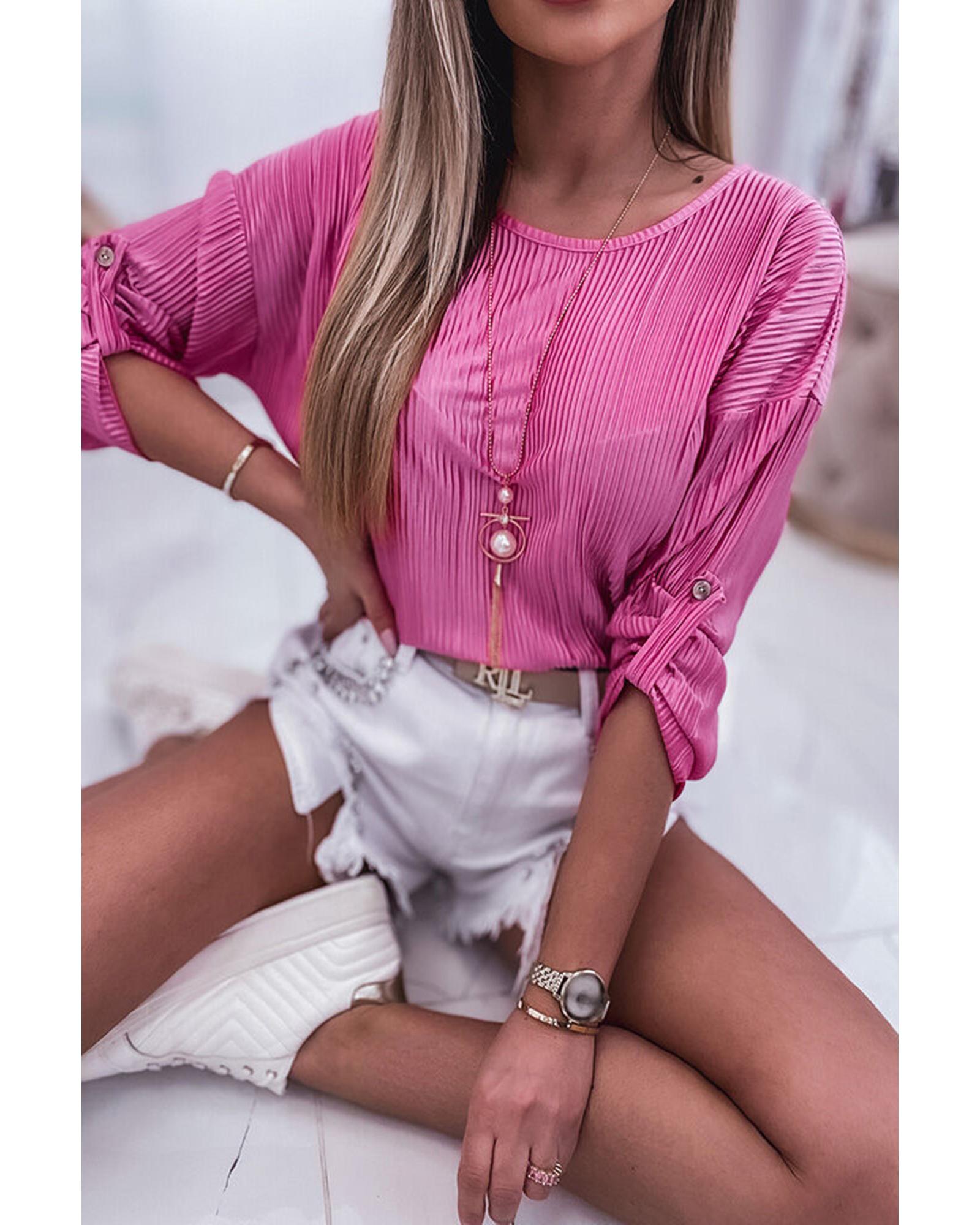 V539-AZEXDC25122204-6-L-202508291105-00 Azura Exchange Pleated Texture Roll Tab Sleeve Blouse - L - Image 1