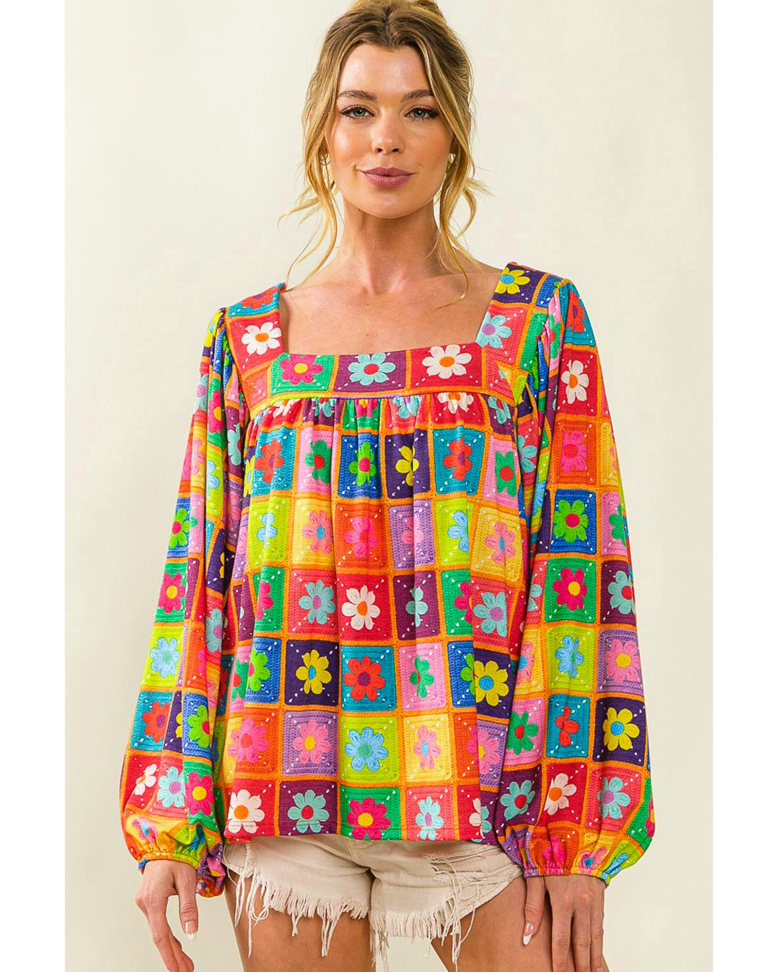 V539-AZEXDC25122400-22-M-202508270350-00 Azura Exchange Multicolor Floral Crochet Square Neck Puff Sleeve Blouse - M - Image 1