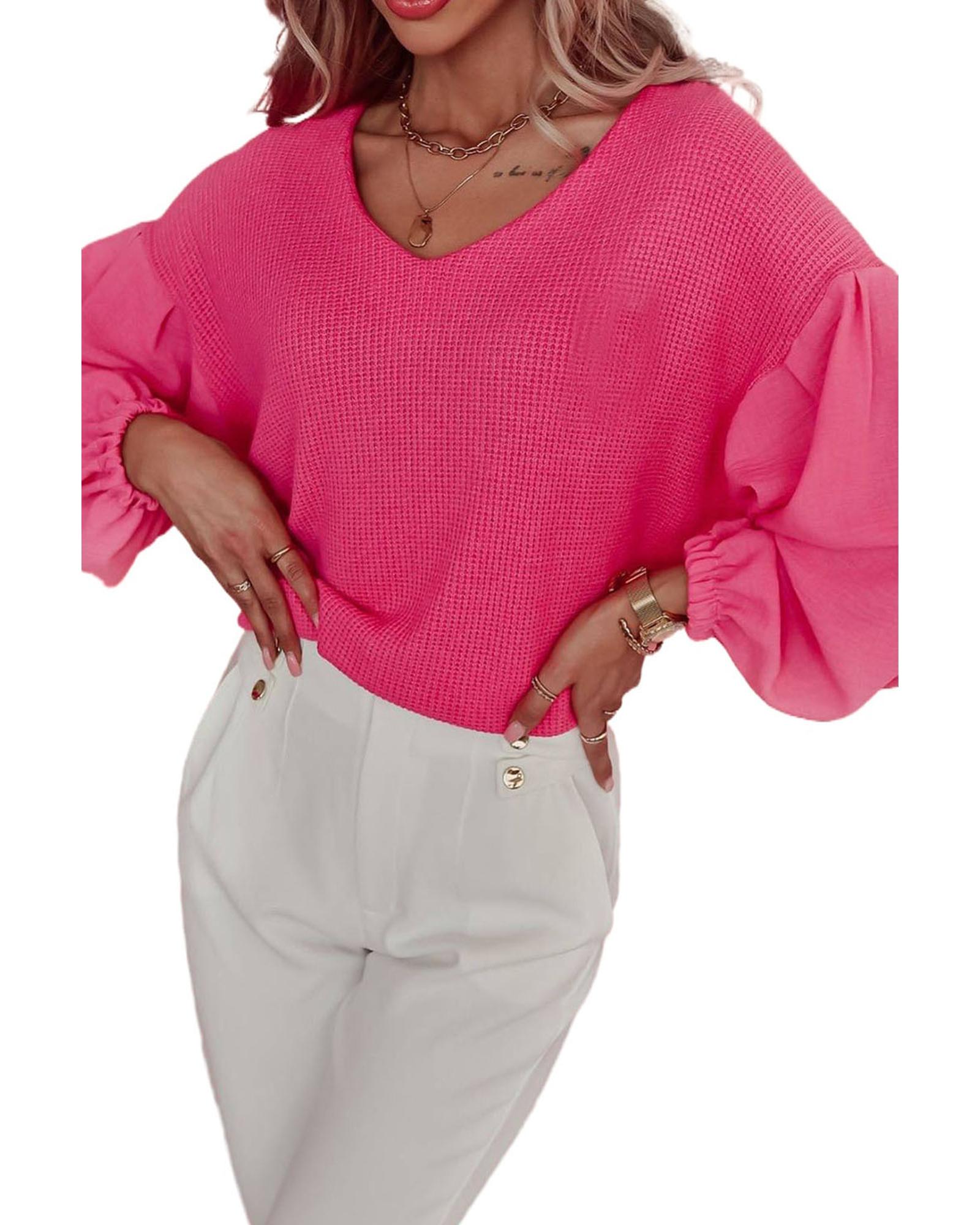 V539-AZEXDC25122453-6-XL-202508271030-00 Rose Waffle Knit Balloon Sleeve Splicing V Neck Top - XL - Image 1