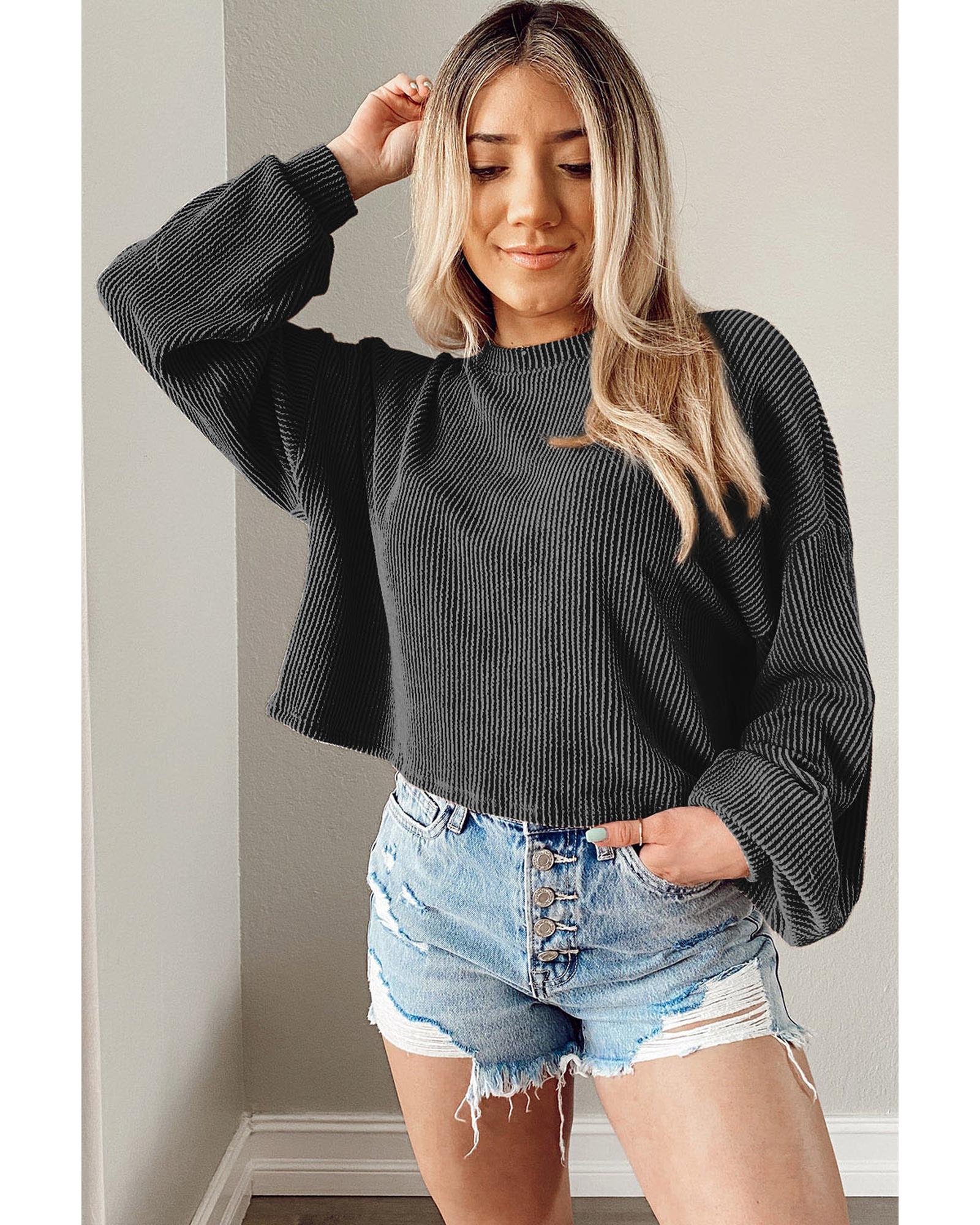 V539-AZEXDC25122662-P2-L-202508272320-00 Black Cording Drop Shoulder Puff Sleeve Casual Long Sleeve Top - L - Image 1