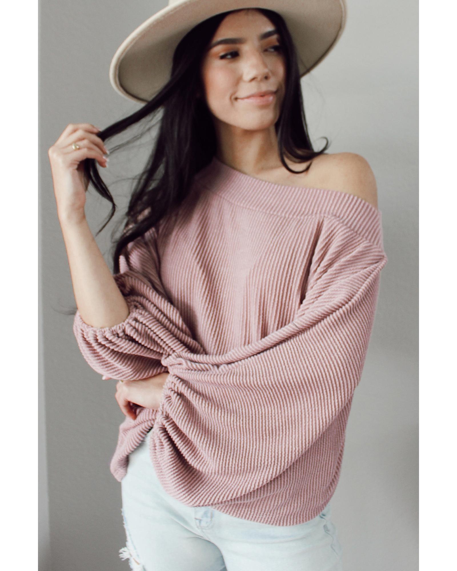 V539-AZEXDC25122676-10-L-202508270250-00 Pink One-Shoulder Balloon Sleeve Ribbed Blouse - L - Image 1