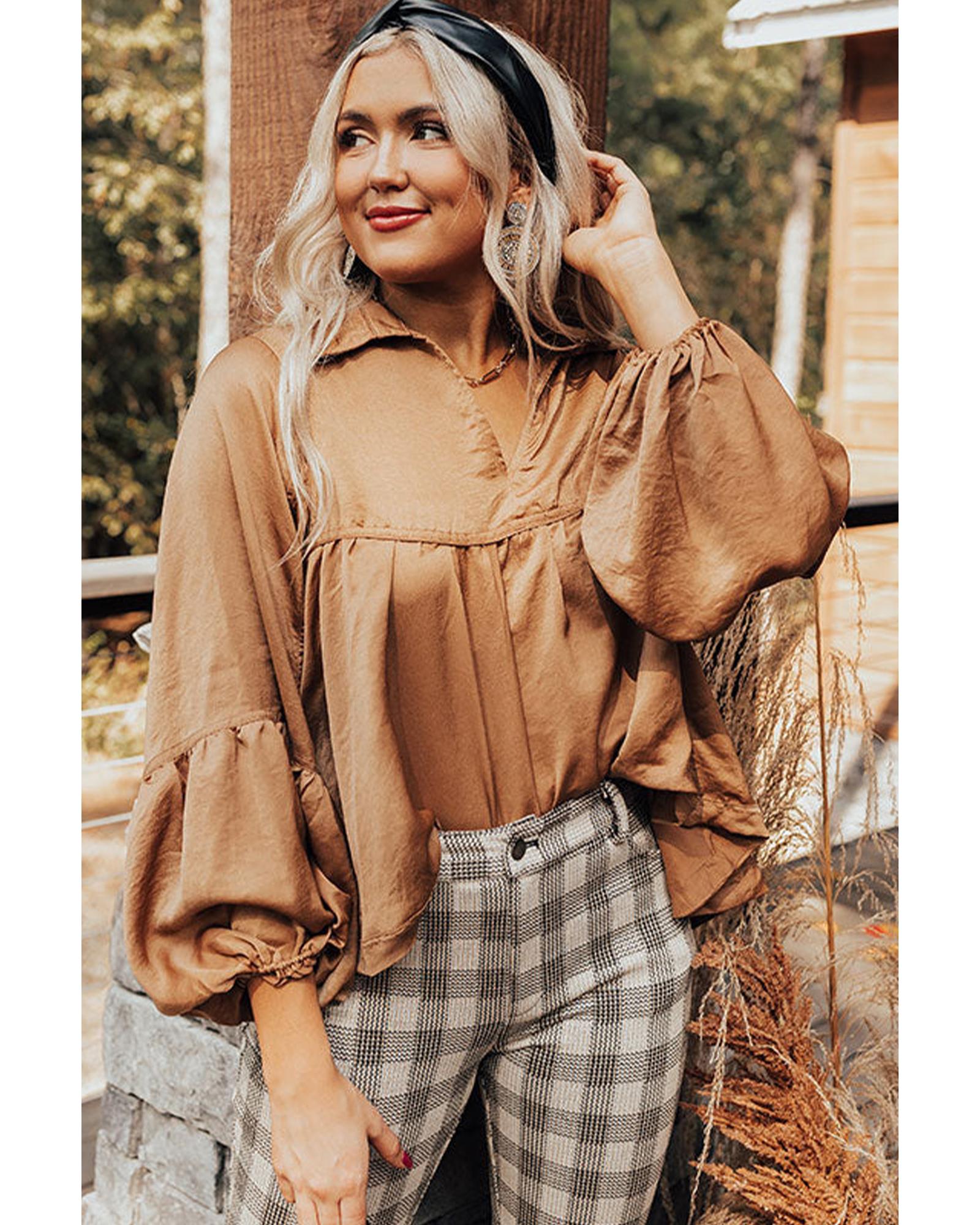 V539-AZEXDC25122690-17-L-202508271130-00 Brown Puff Sleeve Collared Pleated Babydoll Blouse - L - Image 1