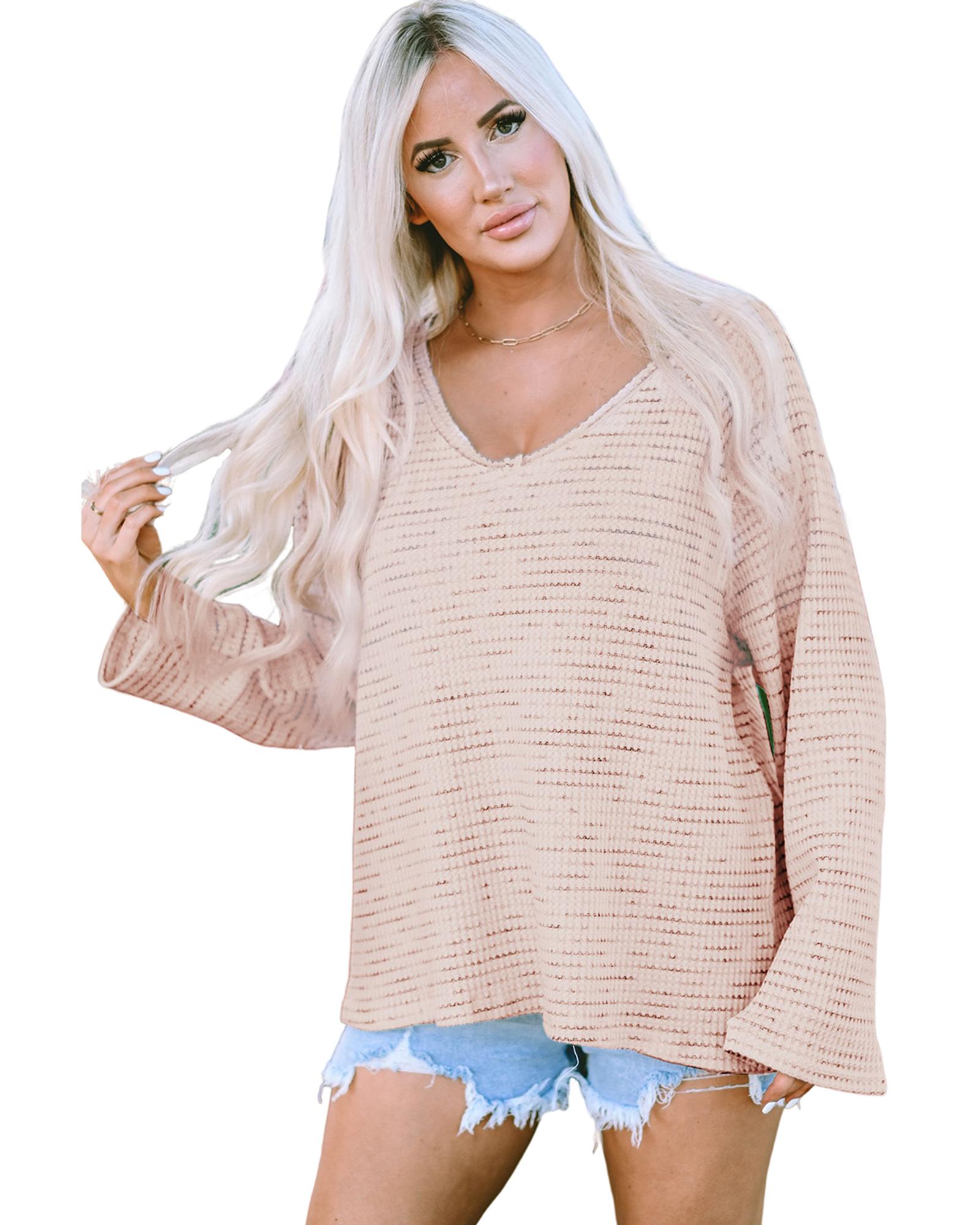 V539-AZEXDC25122703-10-L-202508271420-00 Pink Waffled Knit Long Sleeve V-Neck Frayed Top - L - Image 1