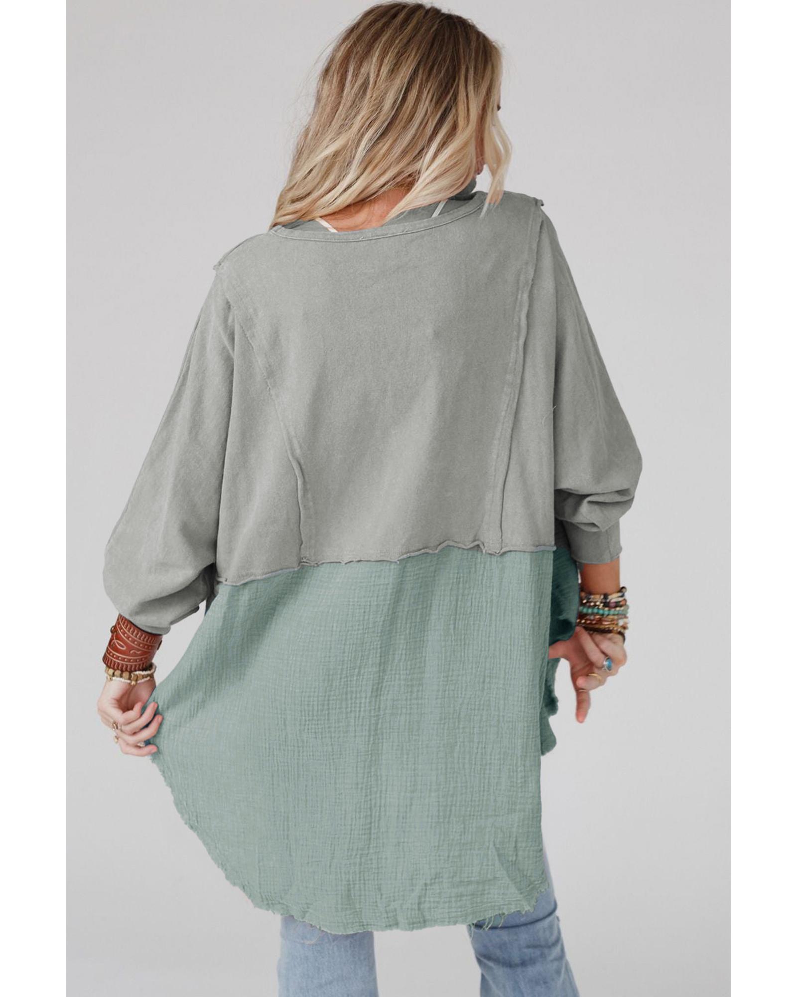 V539-AZEXDC25122718-P3011-S-202506112027-00 Grey Crinkle Splicing Raw Hem High Low Oversized Blouse - S - Image 1