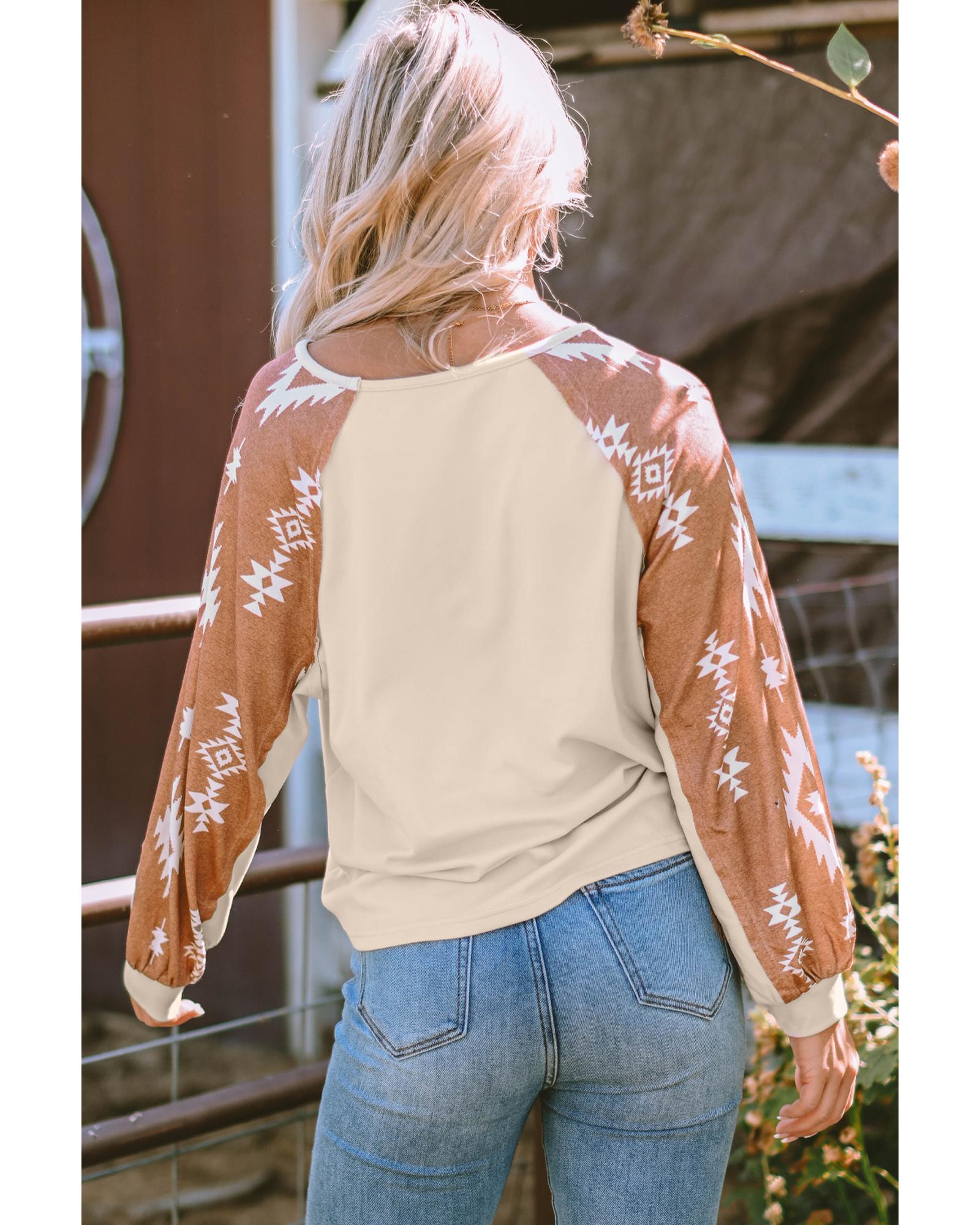 V539-AZEXDC25122732-18-M-202508270800-00 Apricot Western Print Patch Long Sleeve Top - M - Image 1