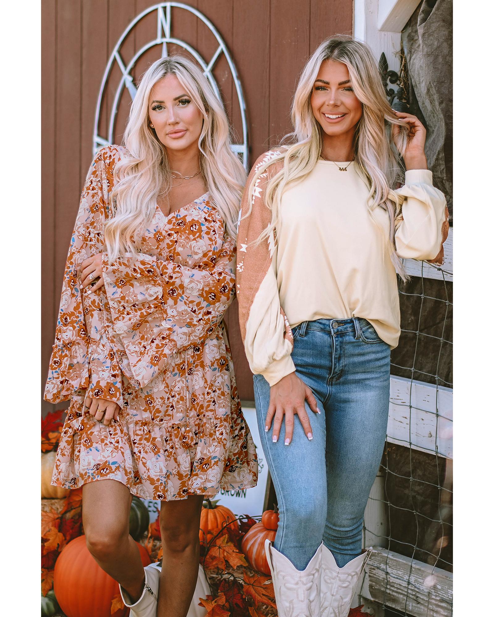 V539-AZEXDC25122732-18-S-202506191710-00 Apricot Western Print Patch Long Sleeve Top - S - Image 1