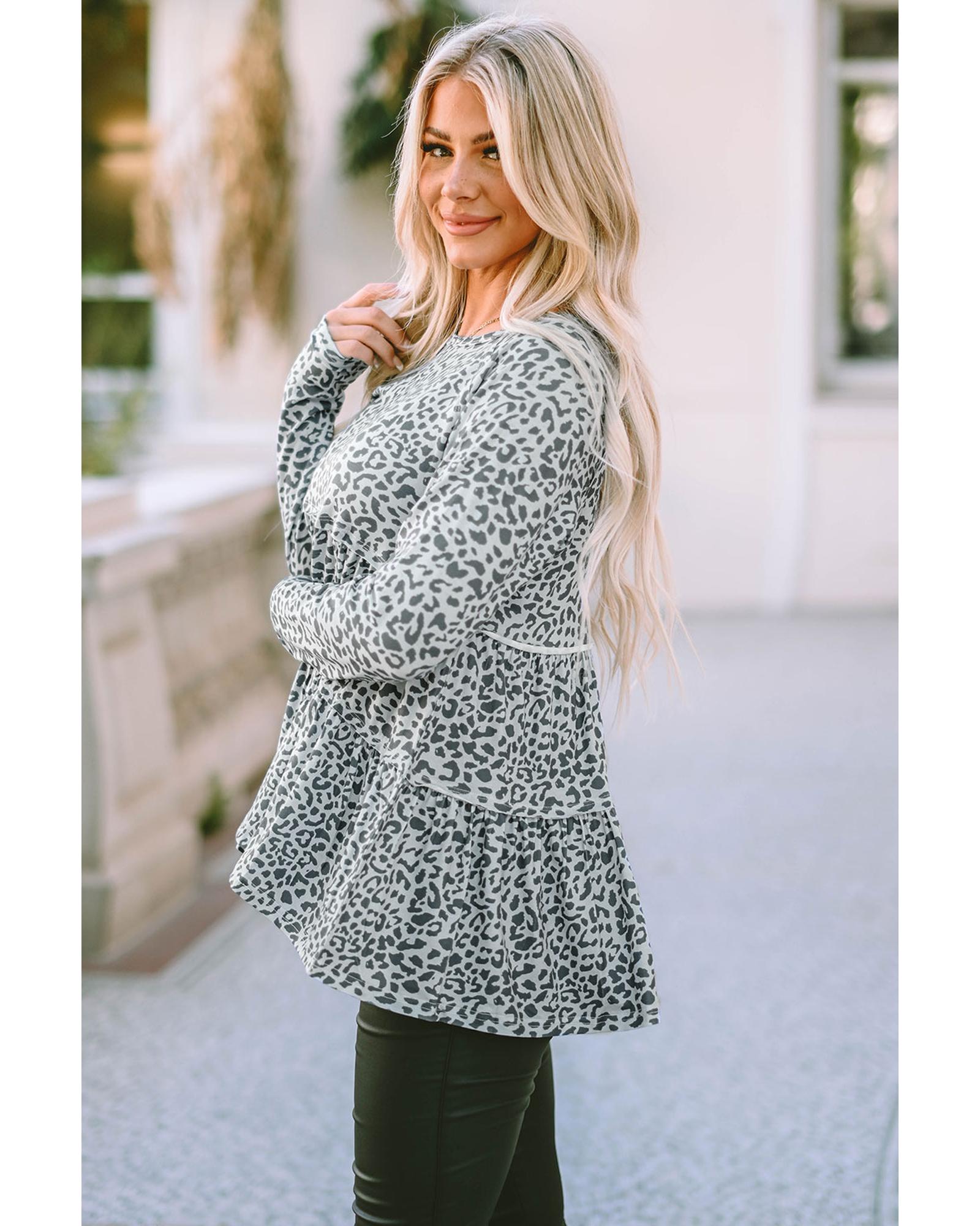 V539-AZEXDC25122878-20-L-202508291220-00 Azura Exchange Leopard Print Long Sleeve Ruffled Blouse - L - Image 1