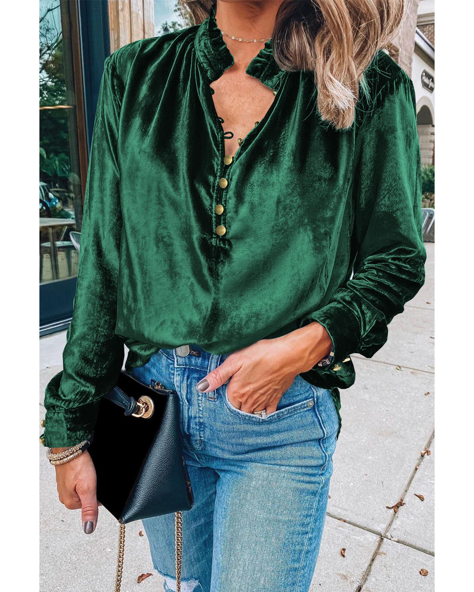 V539-AZEXDC25123034-P309-L-202508271940-00 Blackish Green Frilled Neck Buttoned Front Velvet Top - L - Image 1