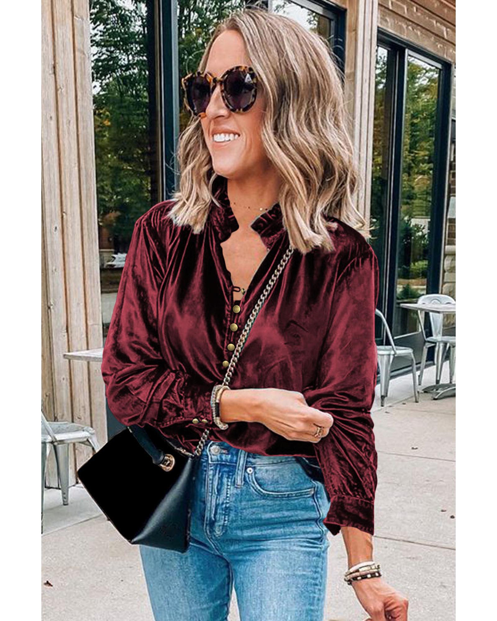 V539-AZEXDC25123034-P503-L-202508271045-00 Biking Red Frilled Neck Buttoned Front Velvet Top - L - Image 1