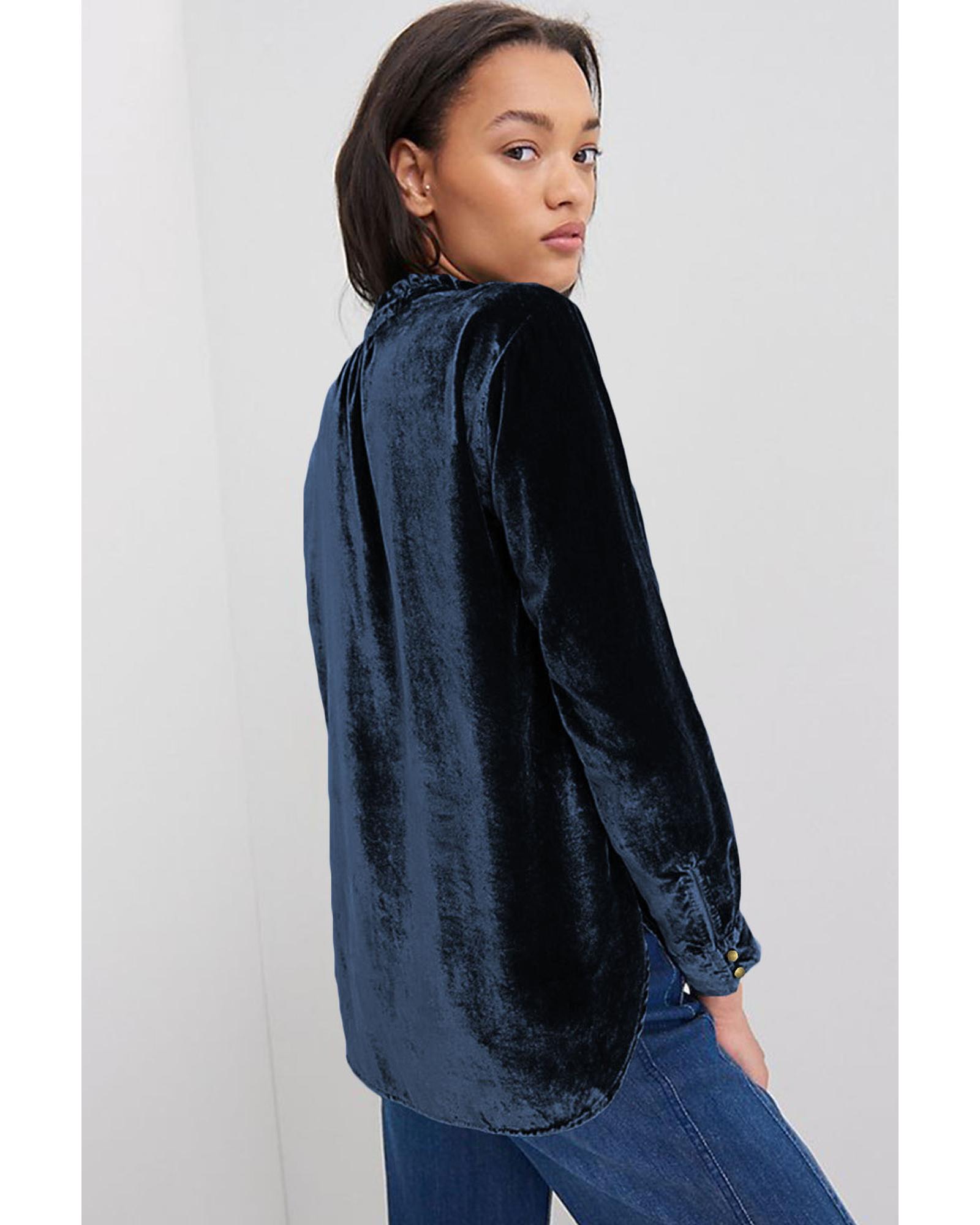V539-AZEXDC25123034-P605-M-202508271900-00 Navy Blue Frilled Neck Buttoned Front Velvet Top - M - Image 1