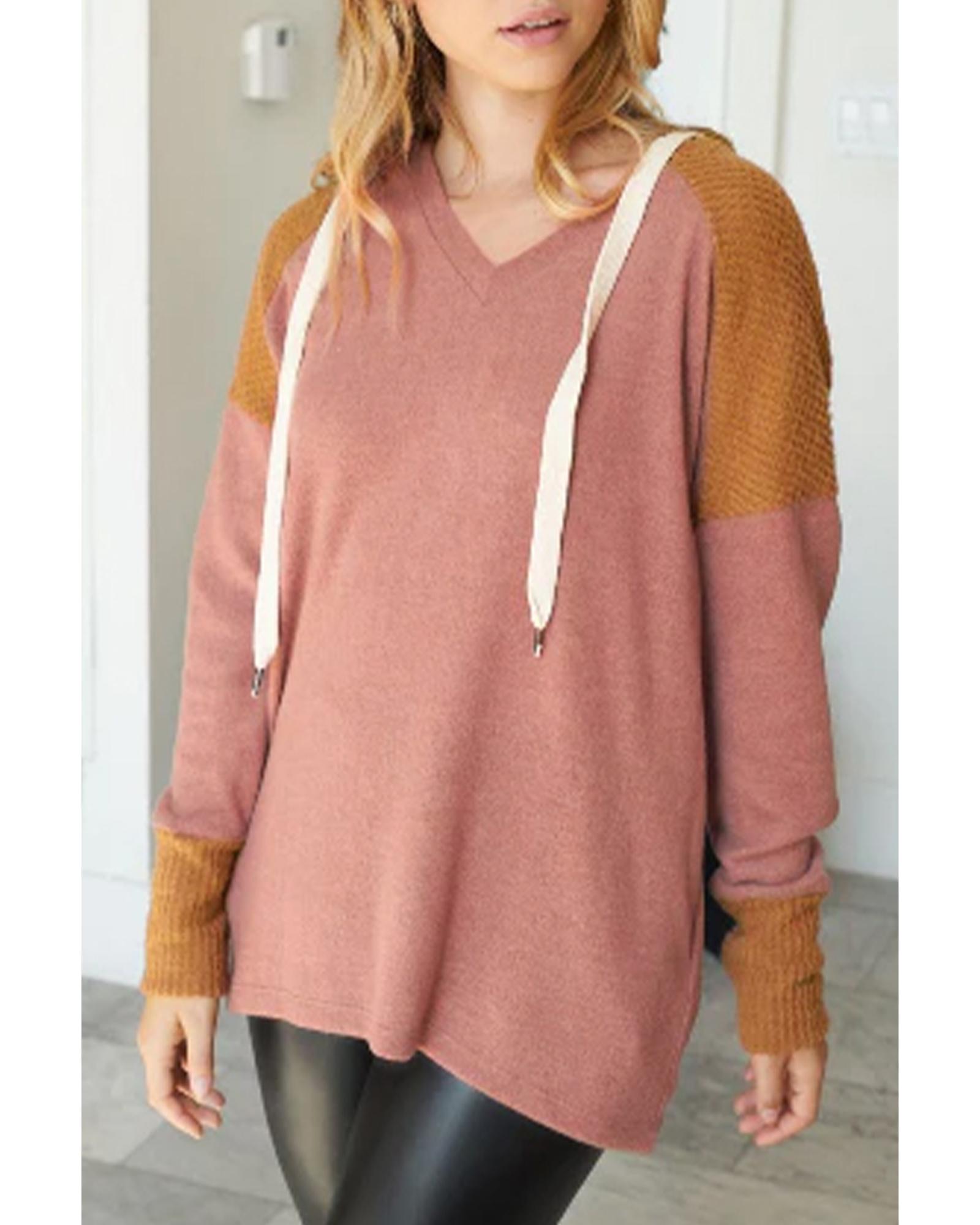 V539-AZEXDC25123077-17-M-202508270140-00 Brown Waffle Knit Patchwork Drawstring V Neck Hoodie - M - Image 1