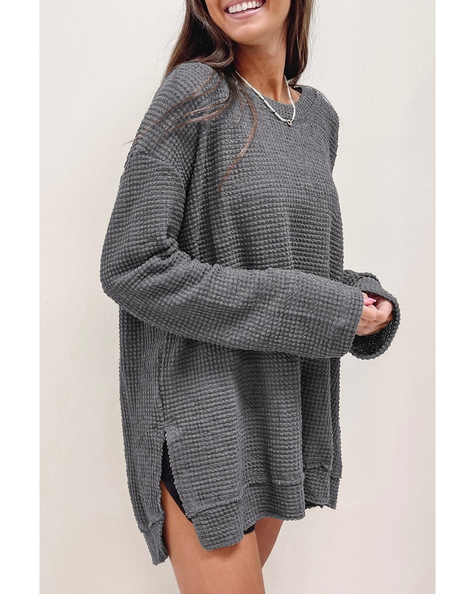 V539-AZEXDC25123199-11-M-202508271635-00 Gray Waffle Knit High Slits Oversized Top - M - Image 1