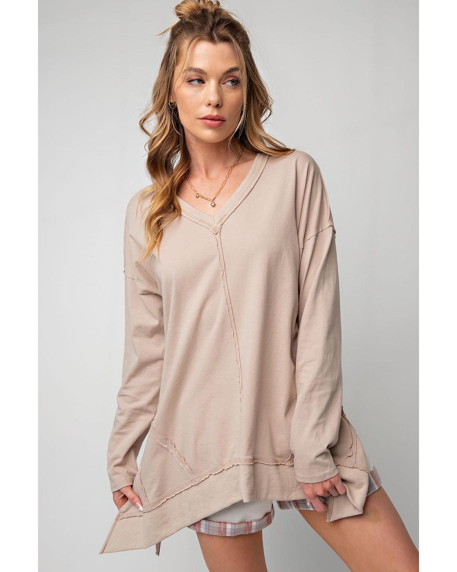 V539-AZEXDC25123312-18-M-202508270600-00 Apricot Exposed Seam V Neck Split Hem Tunic Top - M - Image 1