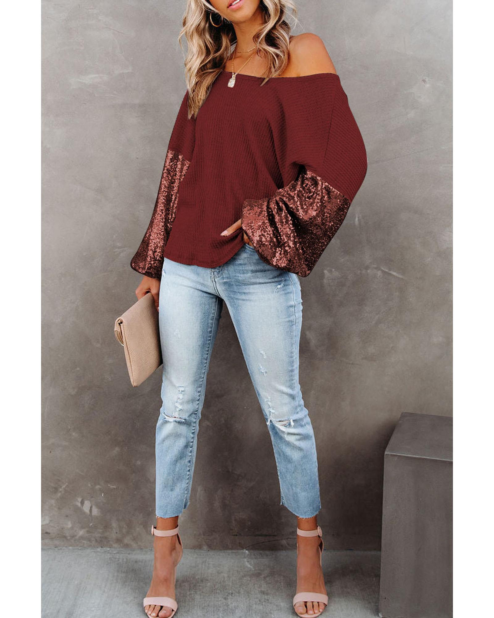 V539-AZEXDC25123326-P503-L-202508271055-00 Biking Red Sequin Patchwork Sleeve Open Back Waffle Knit Top - L - Image 1