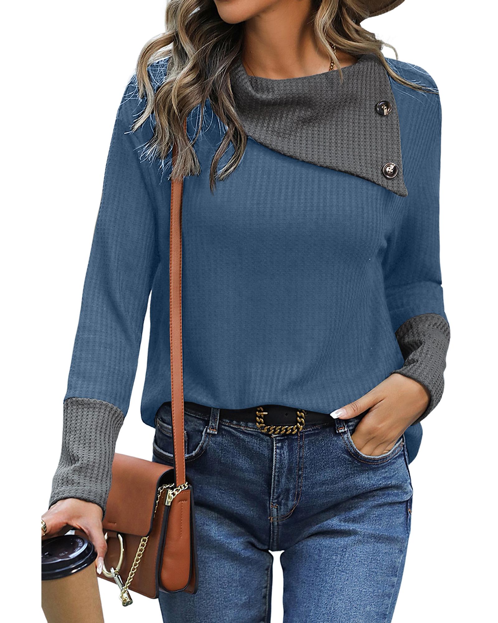 V539-AZEXDC25123414-P905-M-202508271555-00 Sail Waffle Knit Patchwork Colorblock Asymmetrical Neck Top - M - Image 1