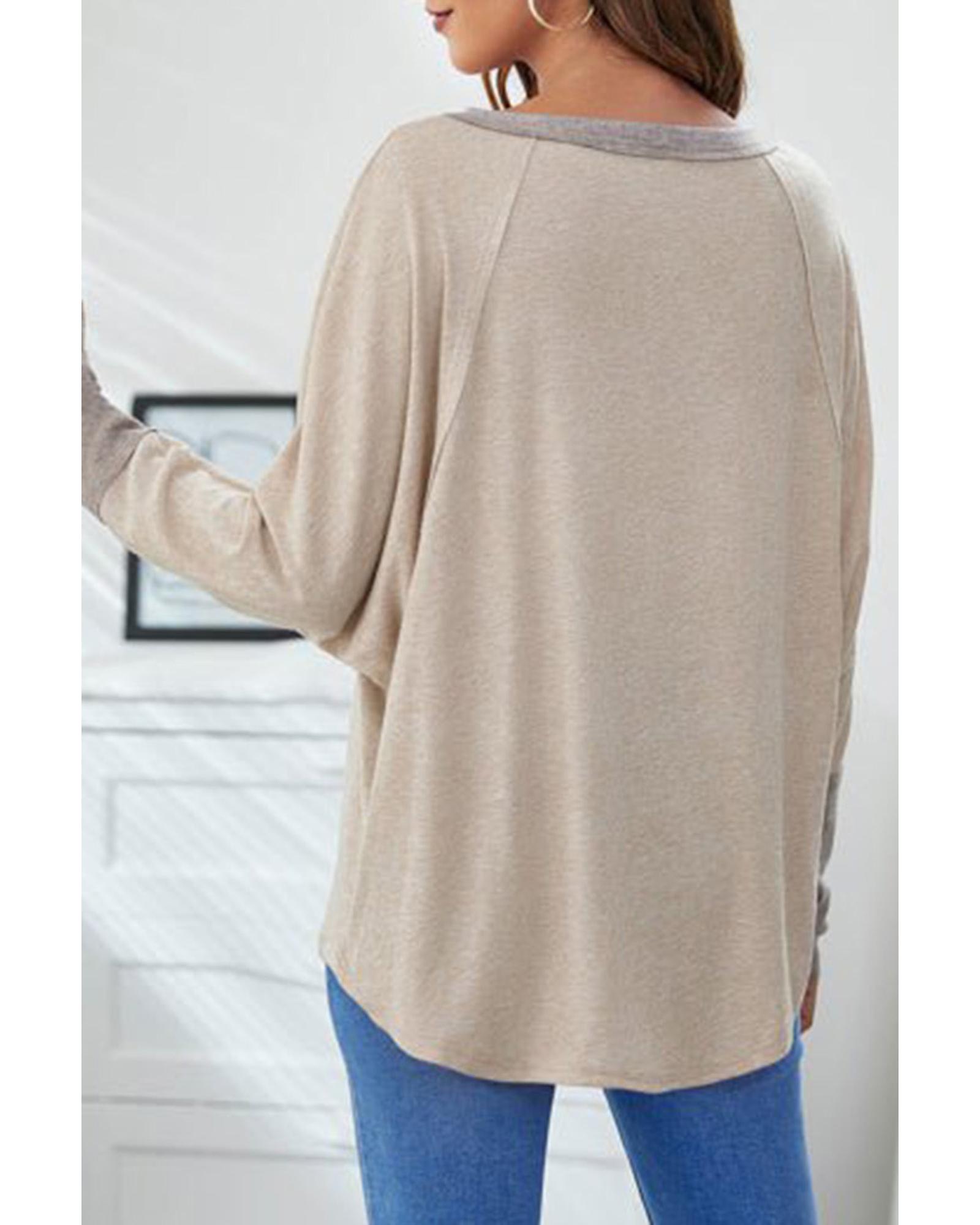 V539-AZEXDC25123422-16-M-202508271840-00 Khaki Contrast Cuffs Batwing Sleeve Loose Top - M - Image 1