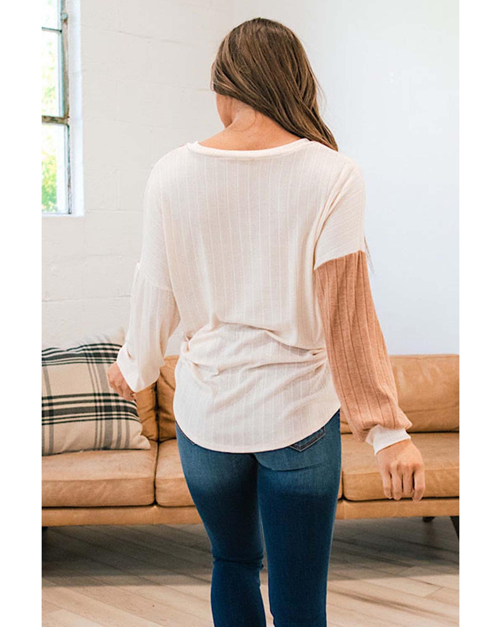 V539-AZEXDC25123464-18-S-202506191715-00 Apricot Color Block Wide Ribbed V Neck Top - S - Image 1