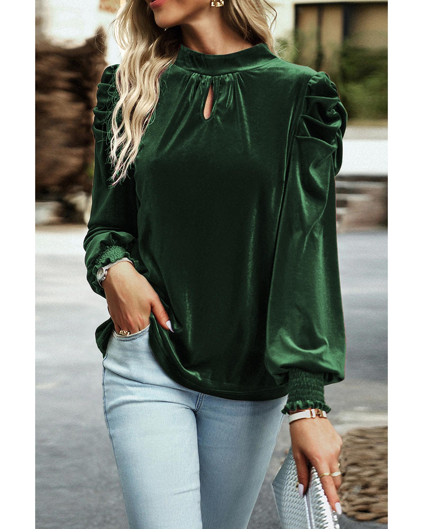 V539-AZEXDC25123529-P309-M-202508270950-00 Azura Exchange Blackish Green Mock Neck Puff Sleeve Velvet Blouse - M - Image 1