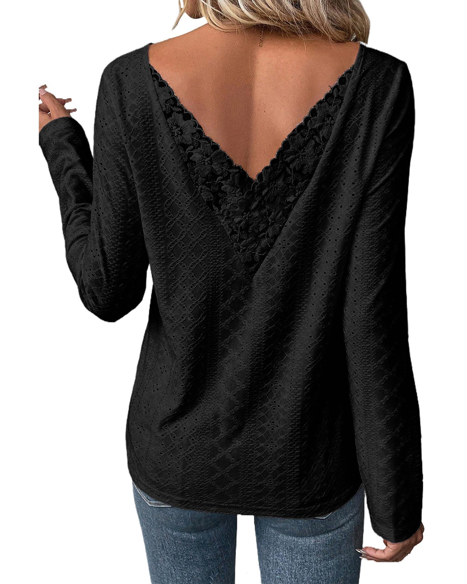 V539-AZEXDC25123532-P2-M-202508272255-00 Black Floral Lace Splicing Eyelet Long Sleeve Top - M - Image 1