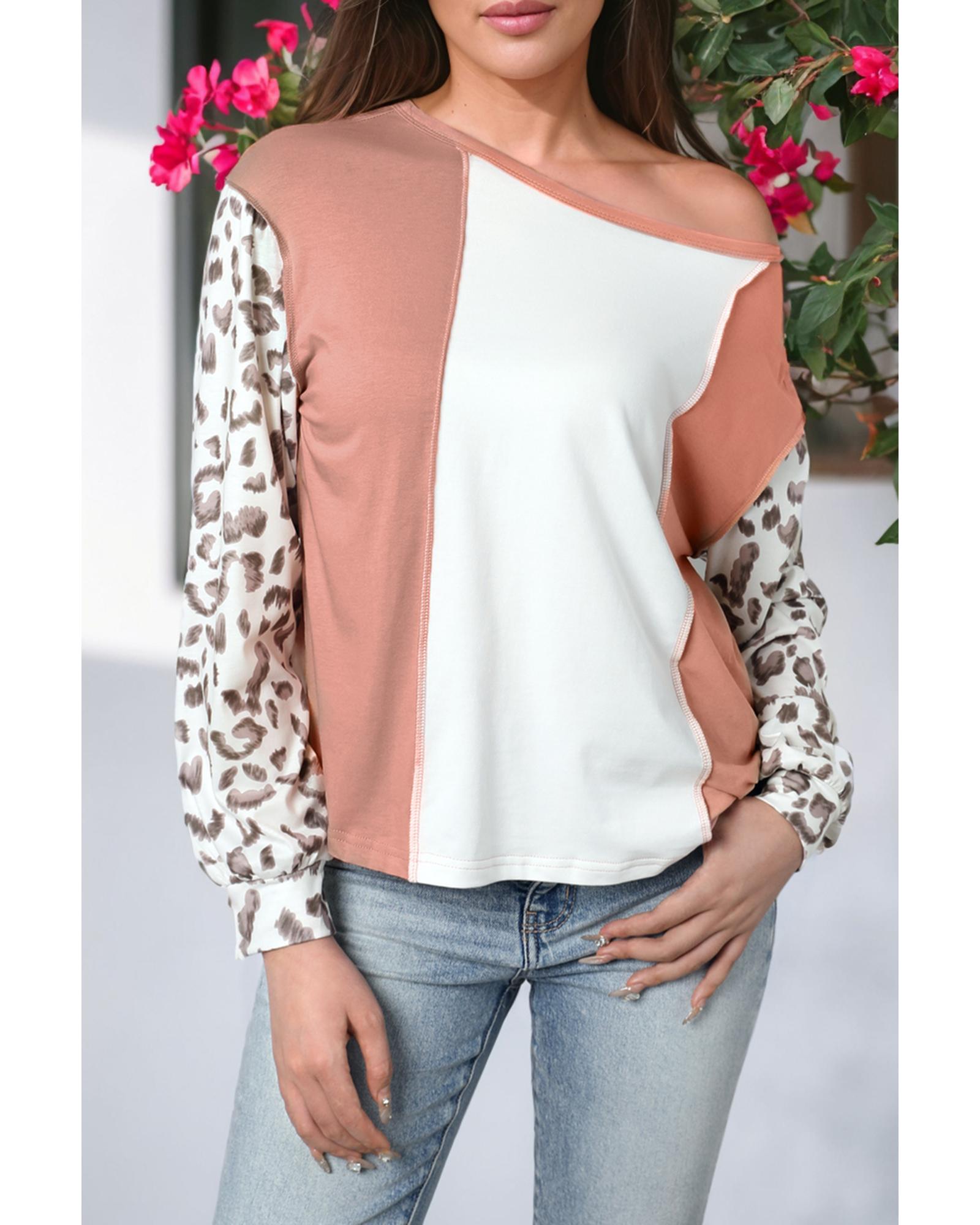 V539-AZEXDC25123582-18-M-202508270915-00 Apricot Colorblock Leopard Sleeve Patchwork Top - M - Image 1