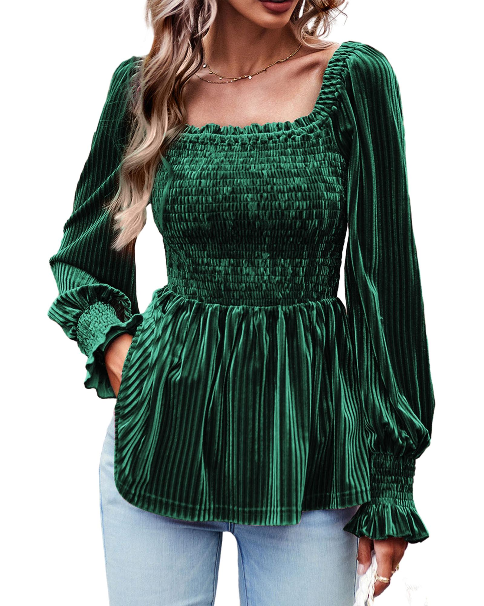 V539-AZEXDC25123661-P309-L-202506120042-00 Blackish Green Smocked Ribbed Velvet Babydoll Top - L - Image 1