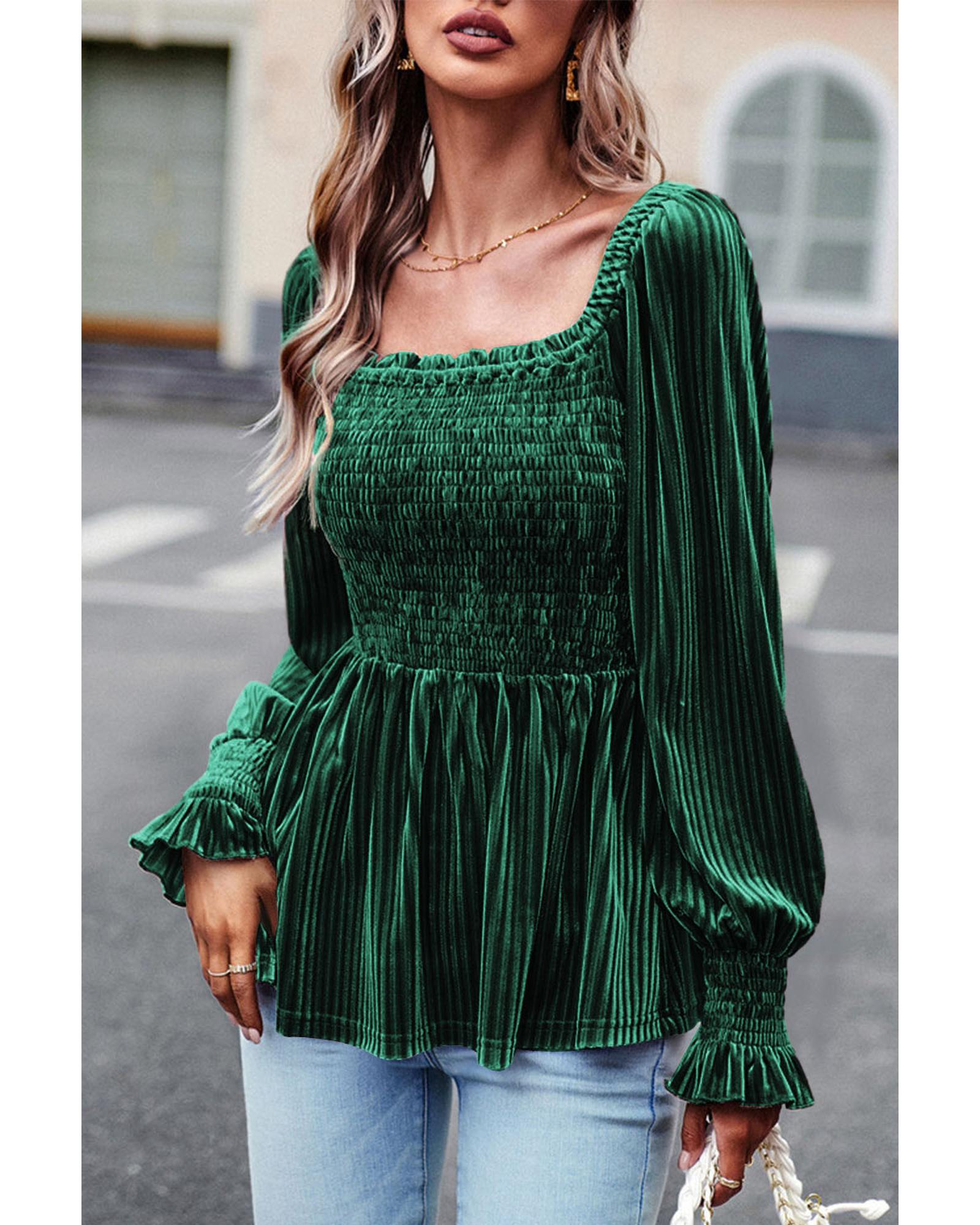 V539-AZEXDC25123661-P309-S-202508271750-00 Blackish Green Smocked Ribbed Velvet Babydoll Top - S - Image 1