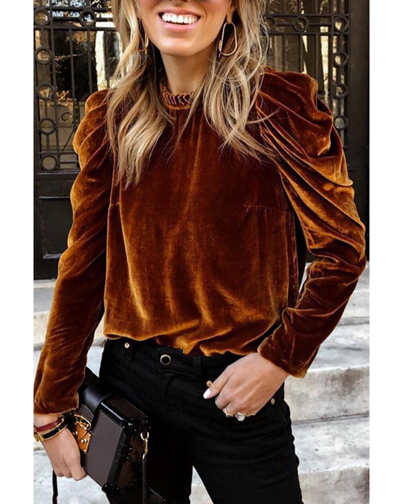 V539-AZEXDC25124200-P2017-XL-202506111937-00 Chestnut Frilled Collar Puff Sleeve Velvet Top - XL - Image 1
