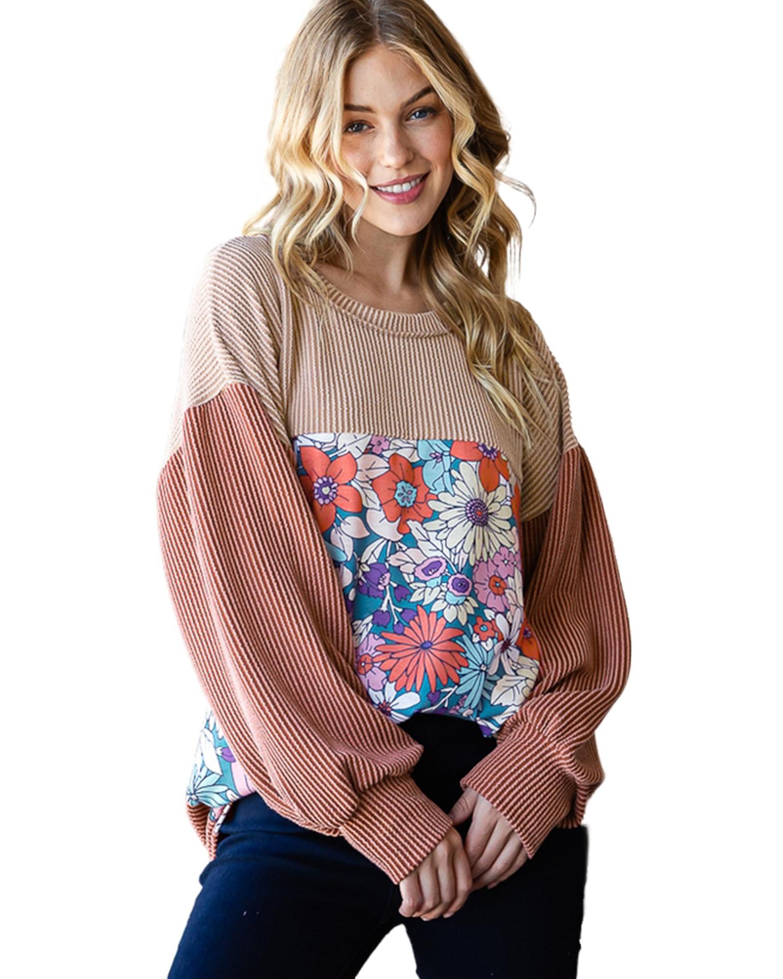 V539-AZEXDC25124268-P20-L-202506111947-00 Printed Floral Contrast Colorblock Ribbed Top - L - Image 1