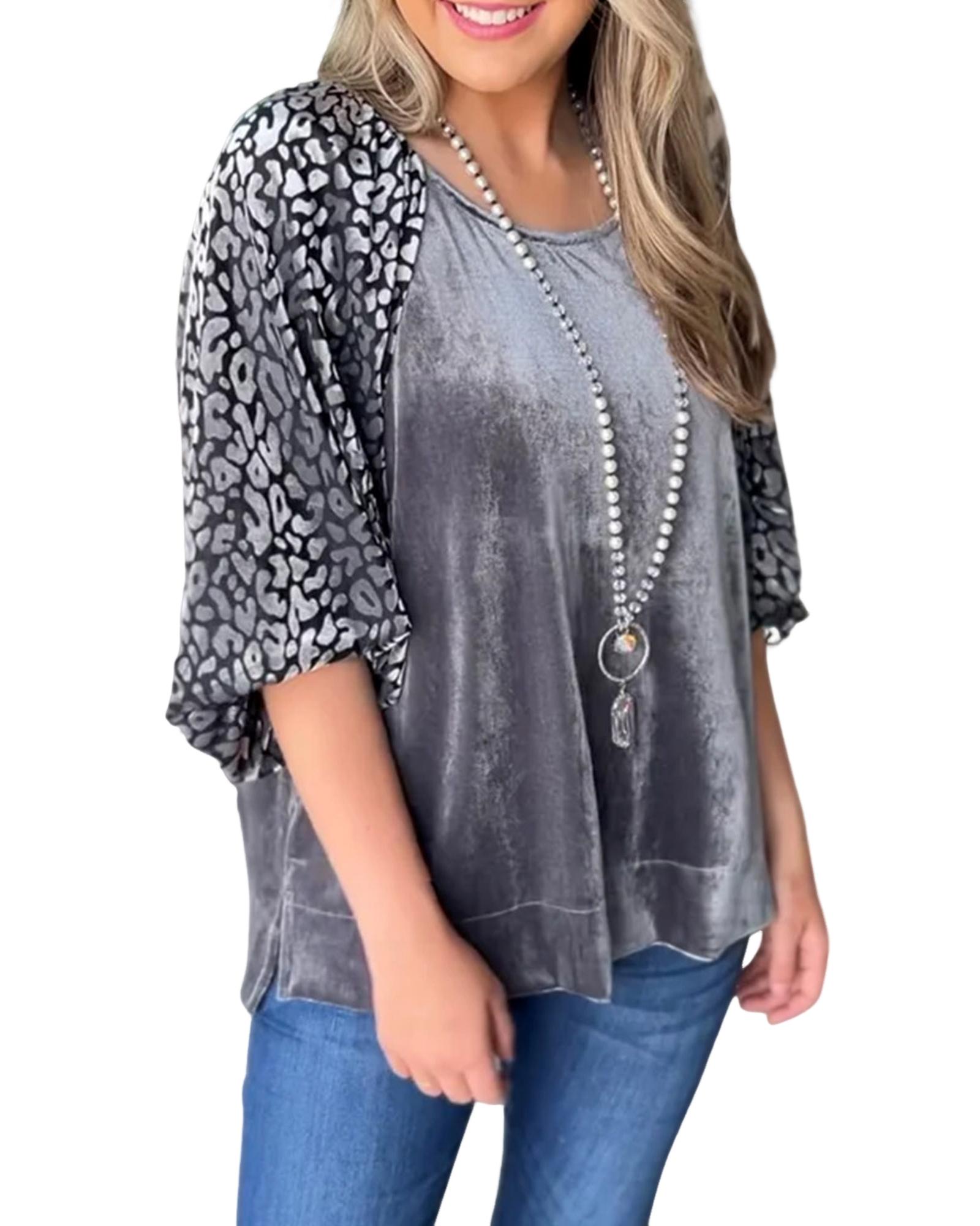 V539-AZEXDC25124361-P3011-S-202508272215-00 Azura Exchange Medium Grey Leopard Splicing Lantern Sleeve Velvet Blouse - S - Image 1