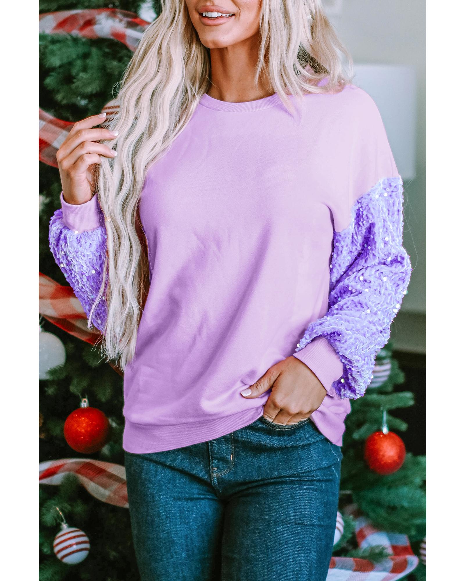 V539-AZEXDC25124364-P708-XL-202508271045-00 Orchid Petal Sequin Patchwork Long Sleeve Pullover Top - XL - Image 1