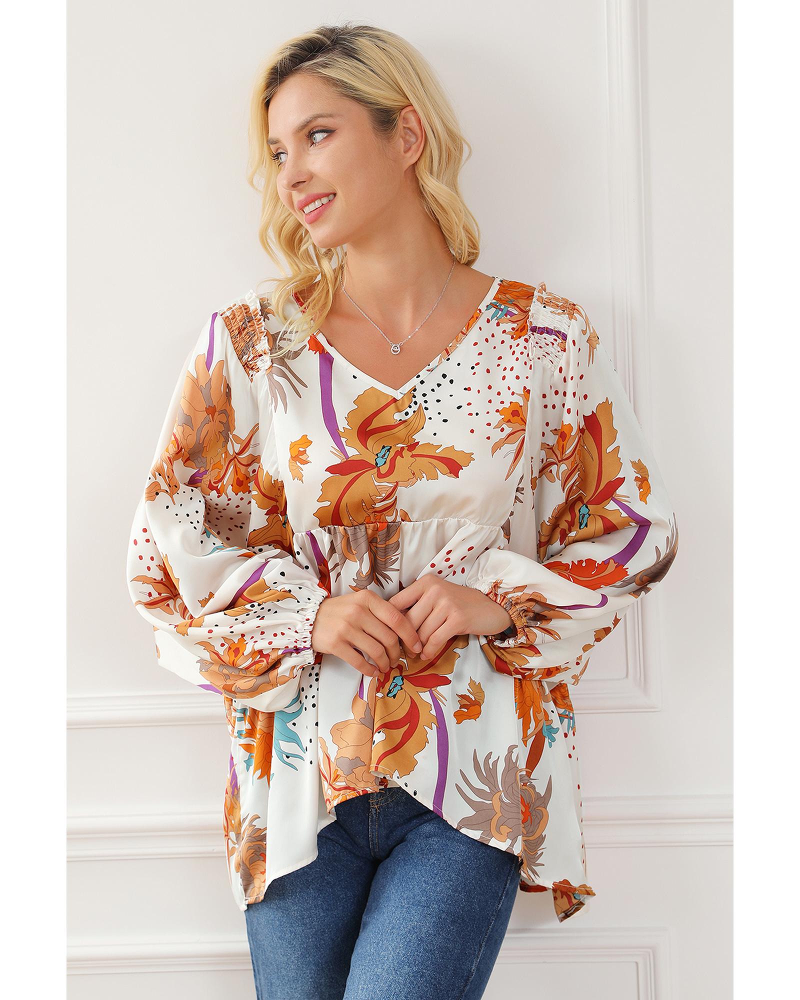 V539-AZEXDC25124539-P22-M-202508271410-00 Multicolour Floral Print V Neck Babydoll Blouse - M - Image 1