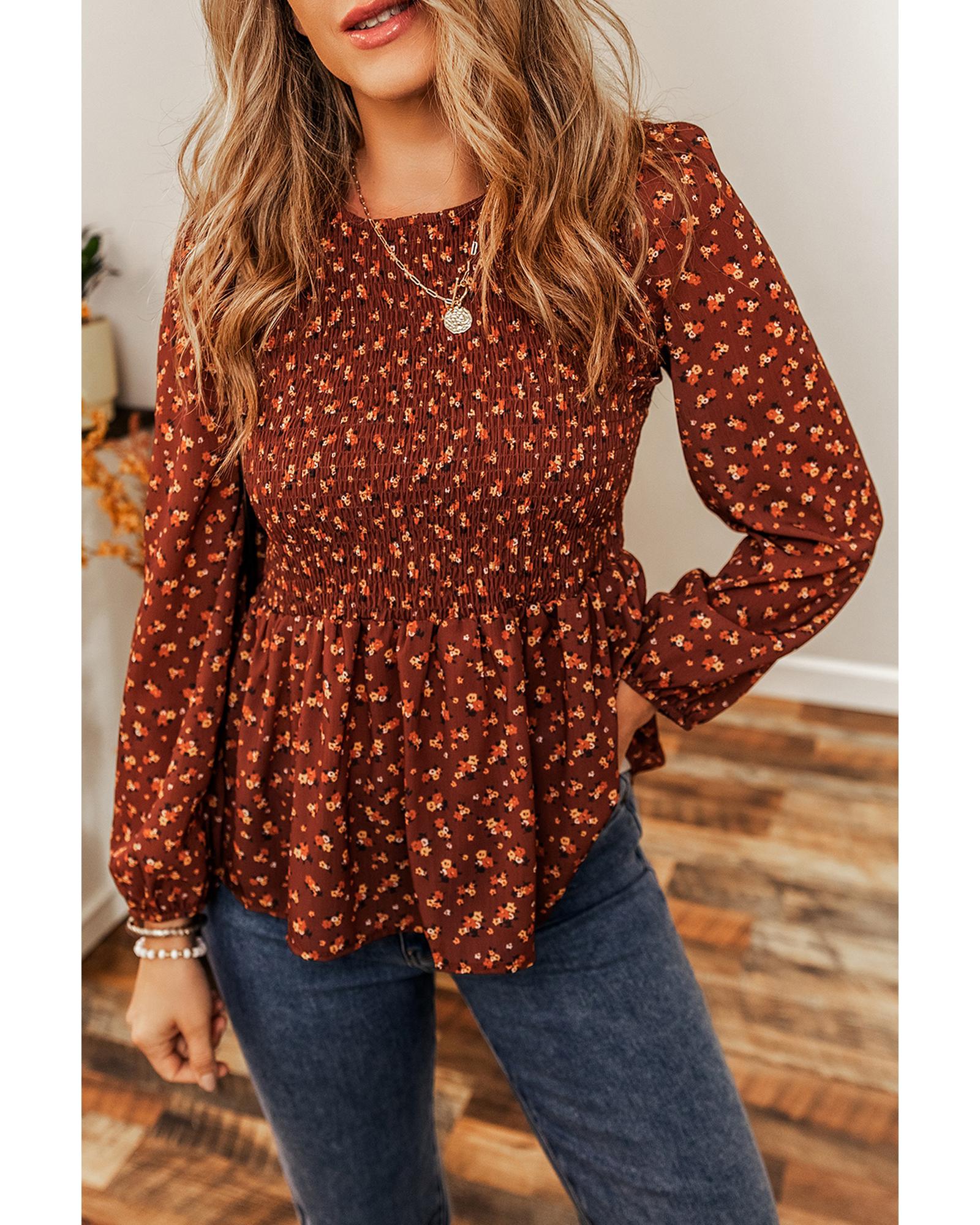 V539-AZEXDC25124646-P20-S-202506112111-00 Boho Floral Smocked Bust Ruffled Peplum Blouse - S - Image 1