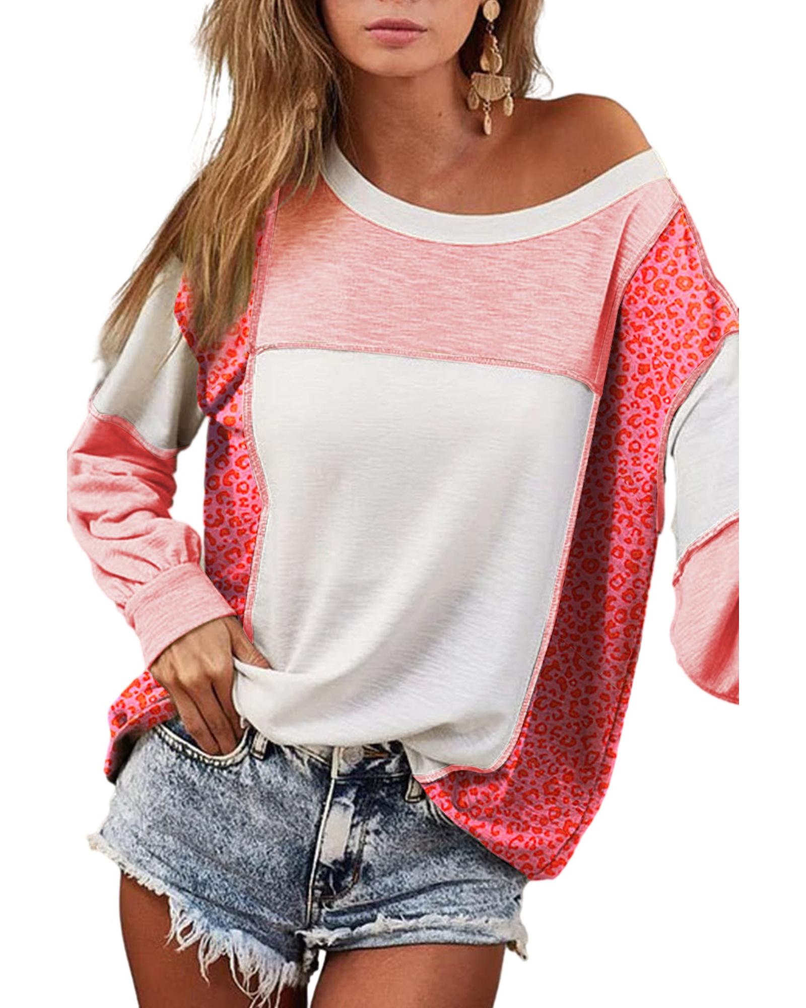 V539-AZEXDC25124801-P4010-S-202506112125-00 Peach Blossom Leopard Colorblock Patchwork Exposed Seam Top - S - Image 1
