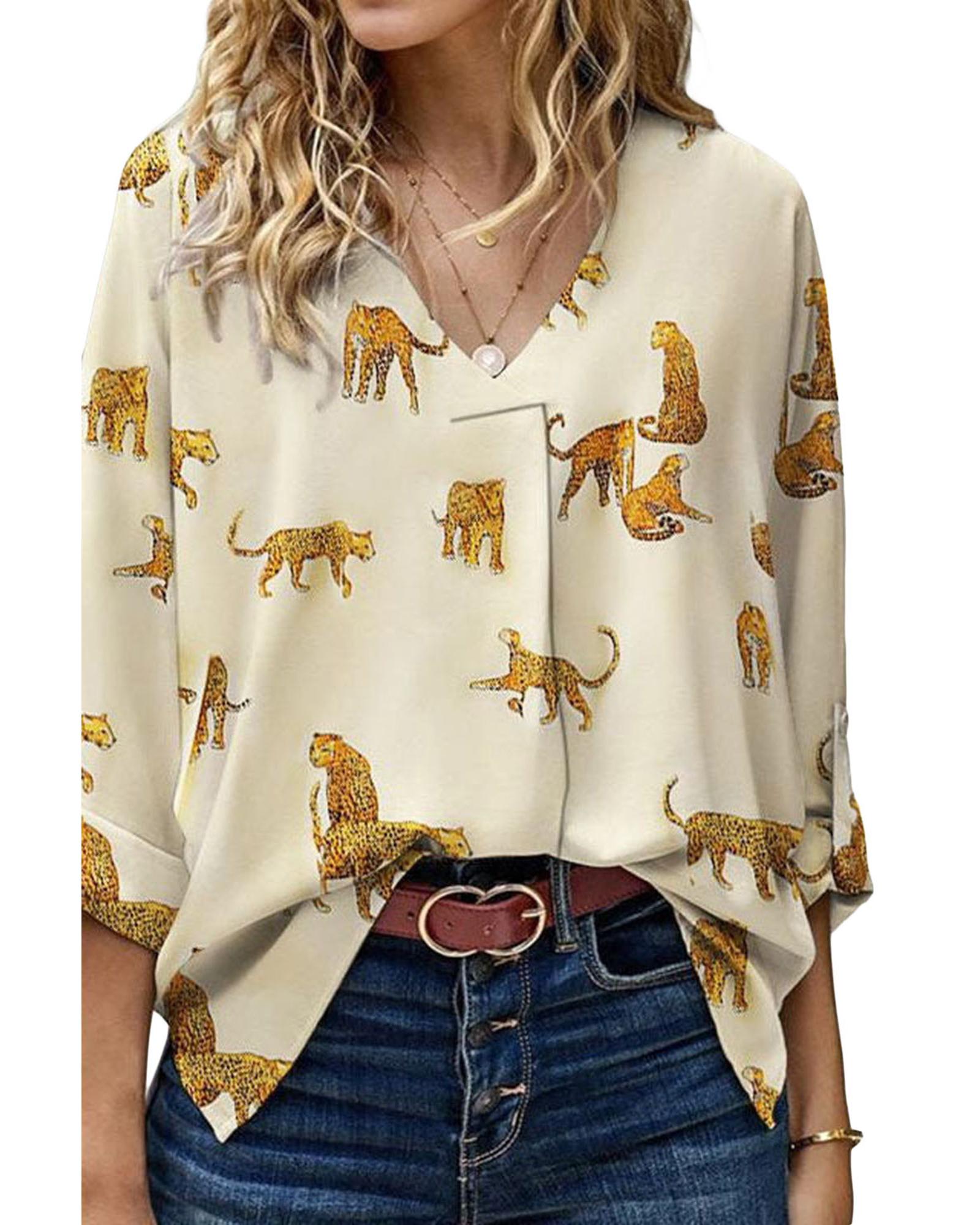 V539-AZEXDC25125349-P1820-L-202508270710-00 Apricot Printed Leopard Print Tab Sleeve Loose Fit V Neck Blouse - L - Image 1