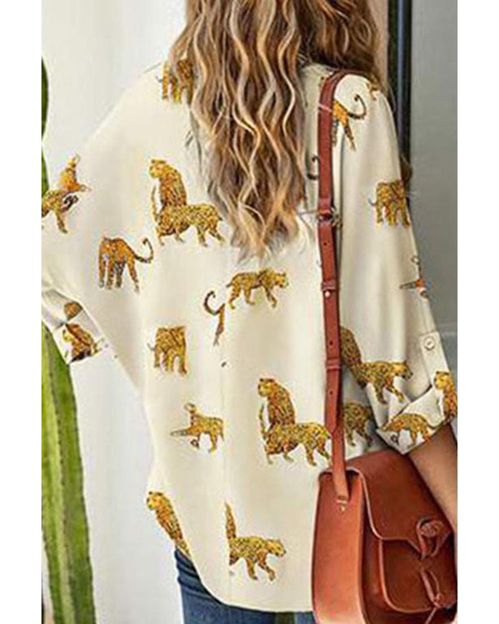 V539-AZEXDC25125349-P1820-M-202508270825-00 Apricot Printed Leopard Print Tab Sleeve Loose Fit V Neck Blouse - M - Image 1
