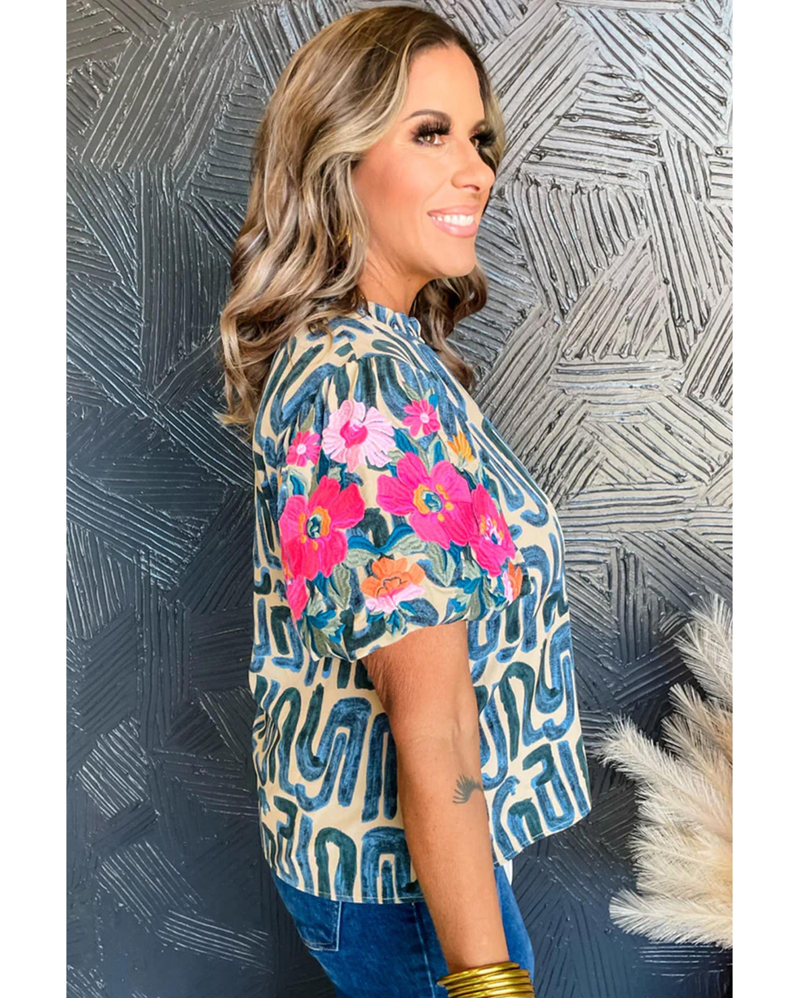 V539-AZEXDC25125683-P15-L-202508272320-00 Beige Embroidered Puff Sleeve Frilled Neck Printed Top - L - Image 1