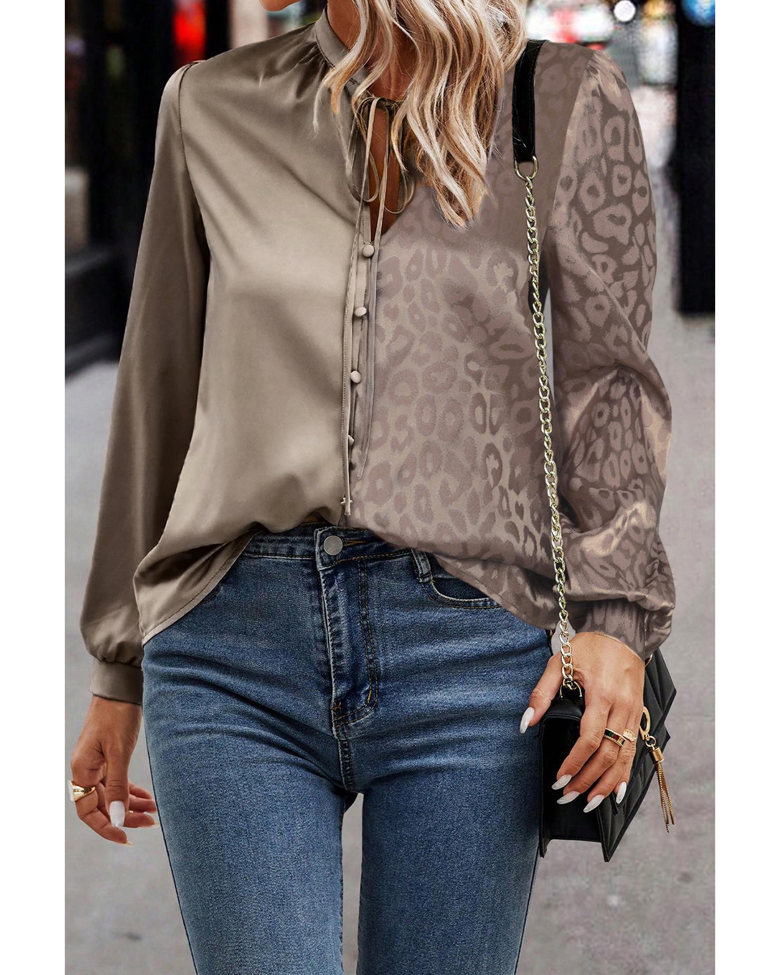 V539-AZEXDC25125712-P4016-S-202506112247-00 Light French Beige Contrast Half Leopard Jacquard Satin Blouse - S - Image 1