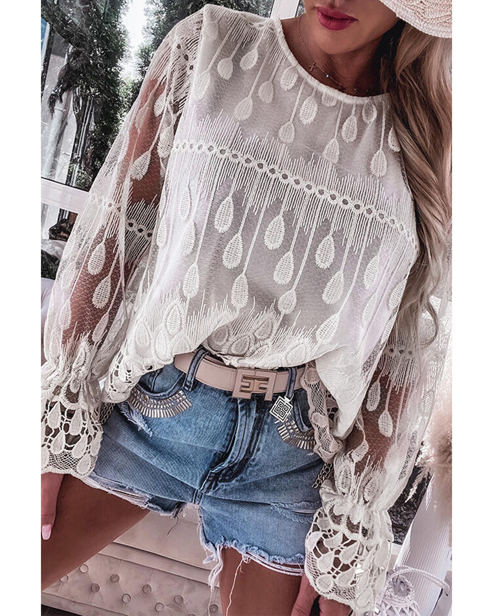 V539-AZEXDC25125816-P15-S-202506112305-00 Beige Embroidered Mesh Flounce Sleeve Blouse - S - Image 1