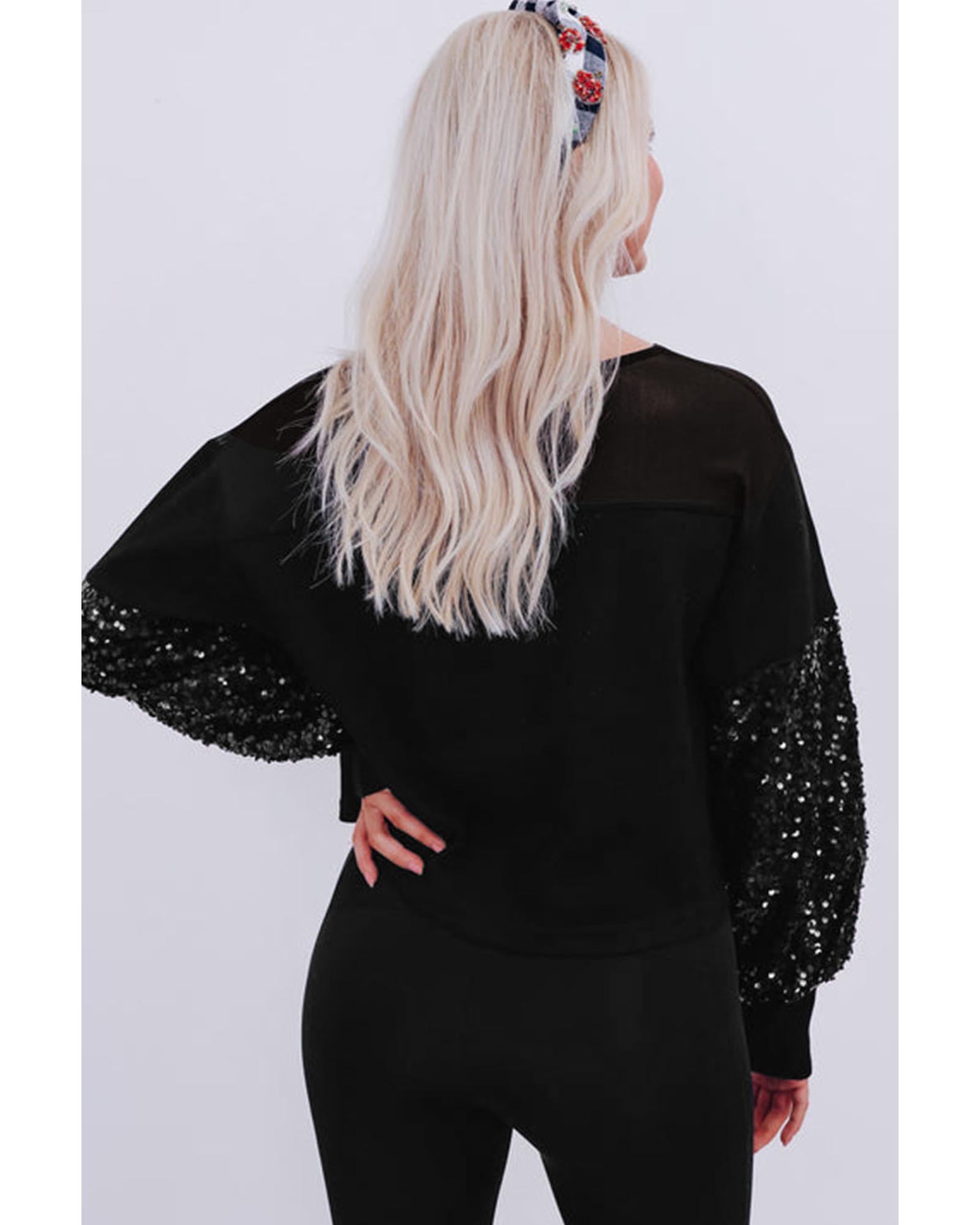 V539-AZEXDC25125845-P2-M-202508272230-00 Black Sequin Patchwork Lantern Sleeve Blouse - M - Image 1