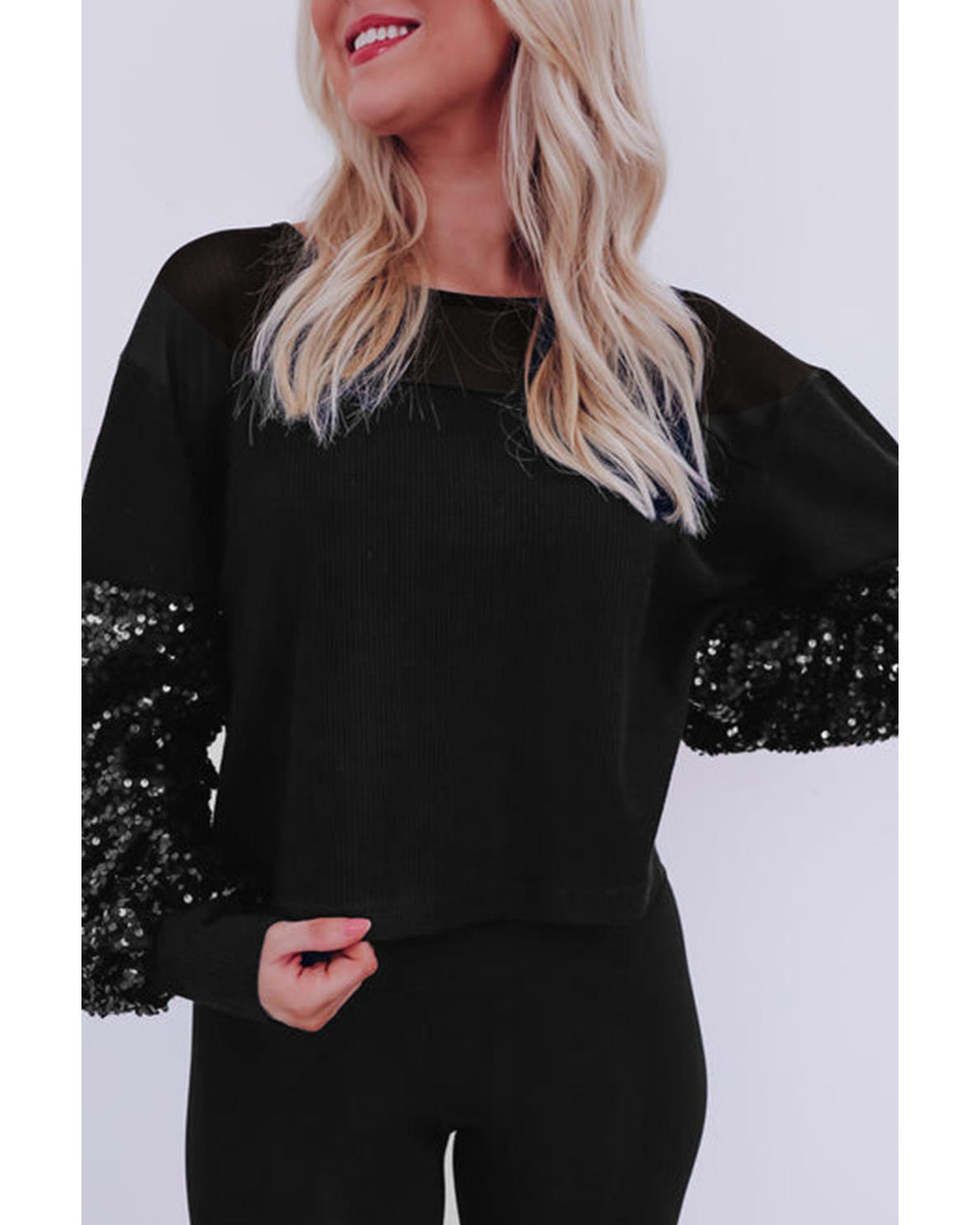 V539-AZEXDC25125845-P2-XL-202508270210-00 Black Sequin Patchwork Lantern Sleeve Blouse - XL - Image 1