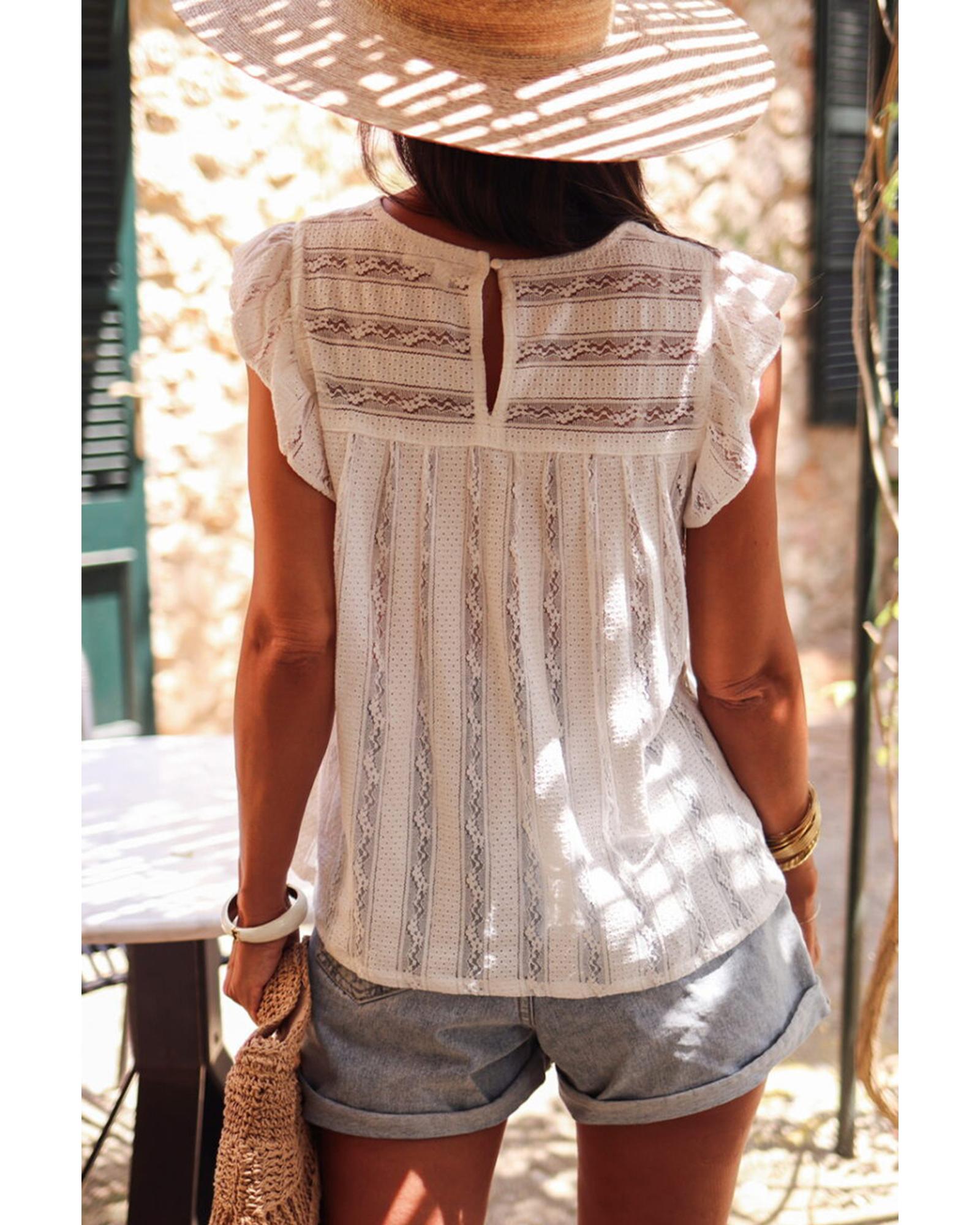V539-AZEXDC25125912-P101-M-202508271220-00 White Ruffled Lace Flowy Tank Top - M - Image 1