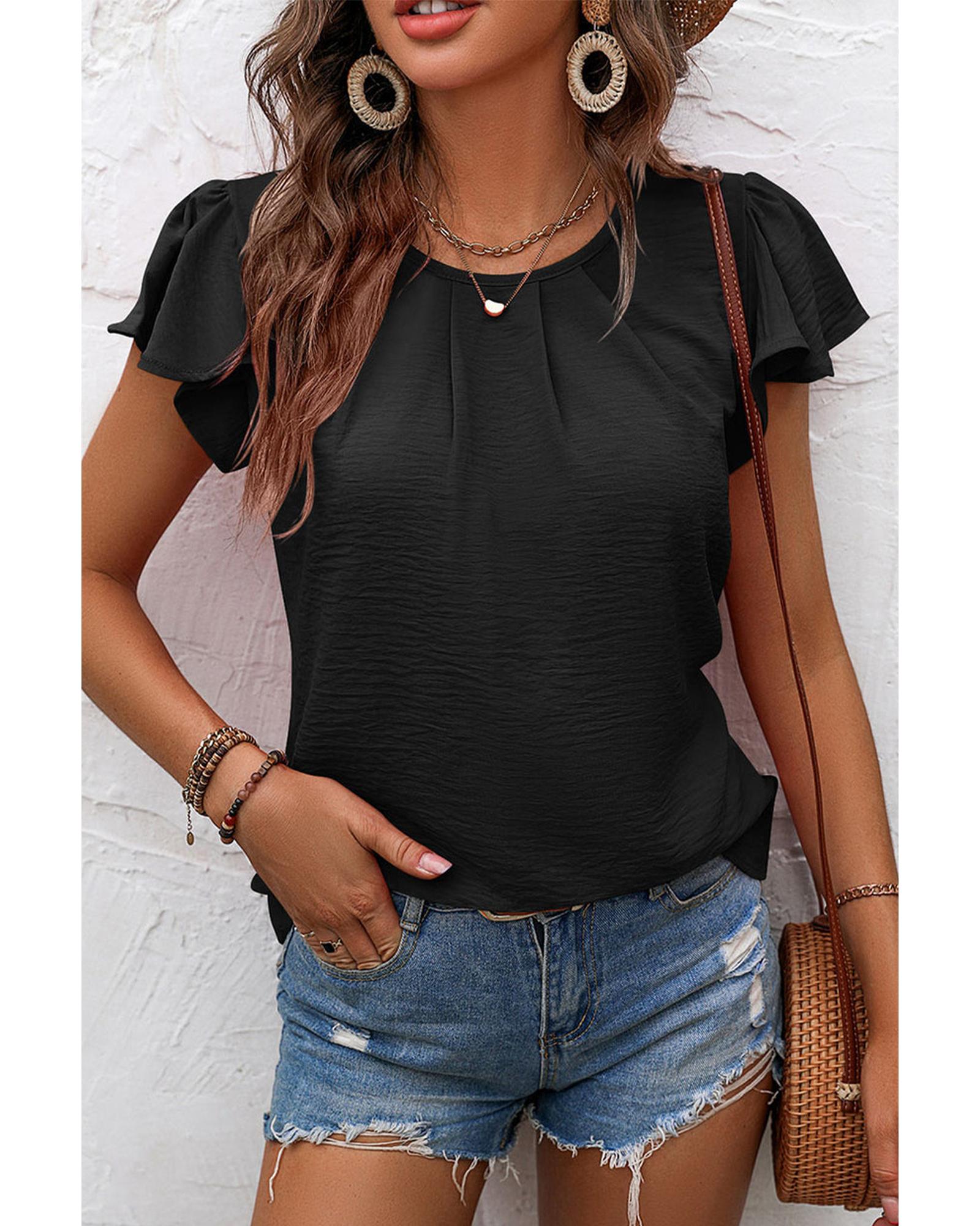 V539-AZEXDC25125918-P2-S-202508272250-00 Black Solid Color Textured Pleated Flutter Sleeve Blouse - S - Image 1