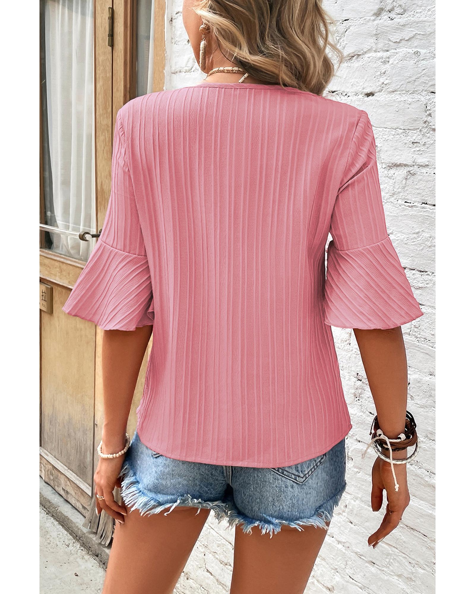 V539-AZEXDC25125922-P4010-M-202508280005-00 Peach Blossom Ruffled Half Sleeve V Neck Textured Top - M - Image 1