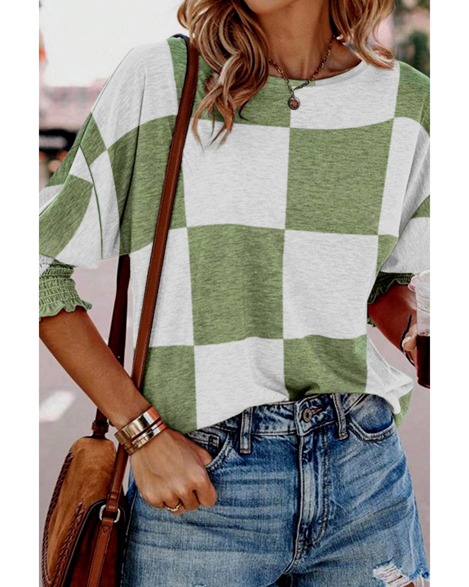 V539-AZEXDC25125983-P1109-S-202506112342-00 Grass Green Mix Checkered Print Shirred Cuffs Blouse - S - Image 1